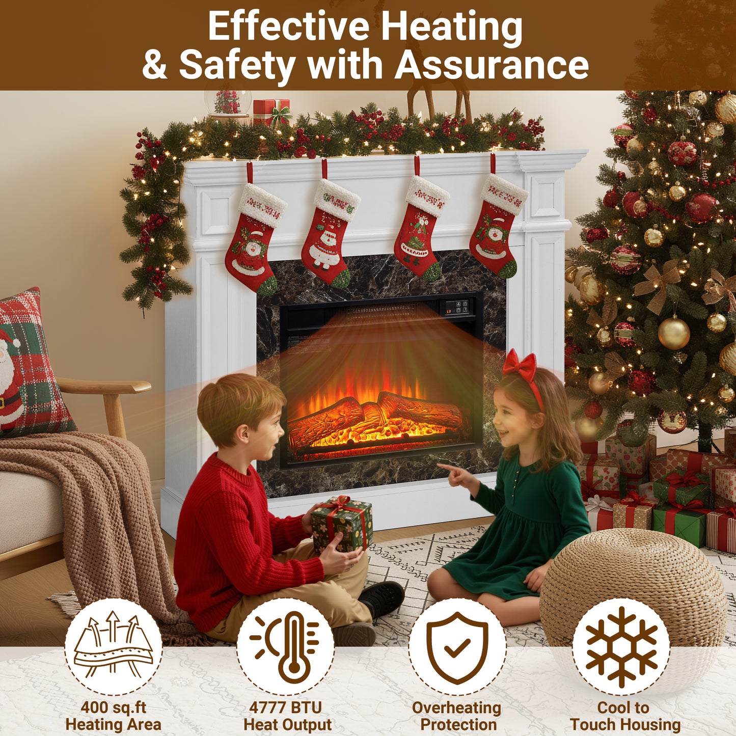 45''W Electric Fireplace with Mantel, Freestanding Fireplace Heater with Remote Control & Adjustable Flame, Fireplace TV Stand for 42 inch TV, Electric Fireplace Heater for Living Room Bedroom, White