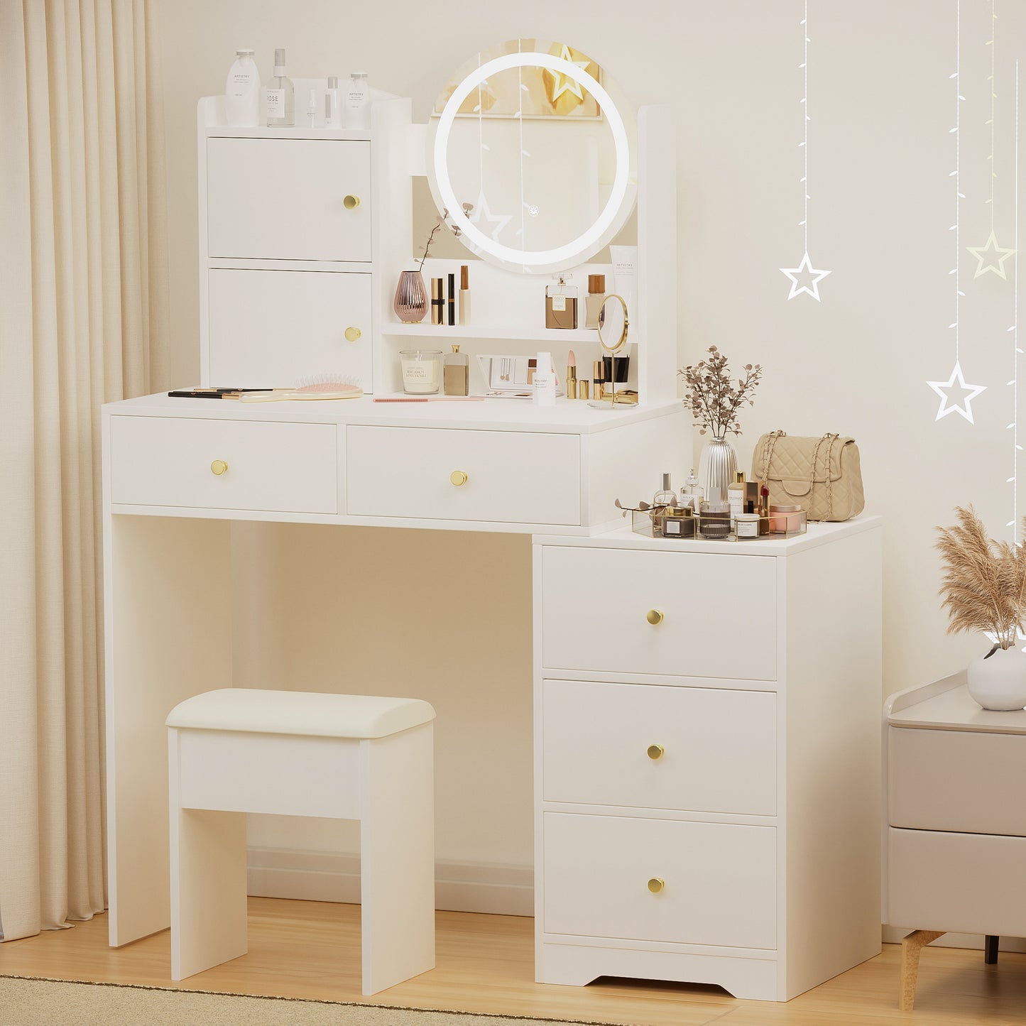 Vanity Set with Sliding Mirror and Lights, Modern Lighted Makeup Vanity Table Set, Vanity Desk with Chair Set for Girls, Dressing Table with Drawers for Bedroom