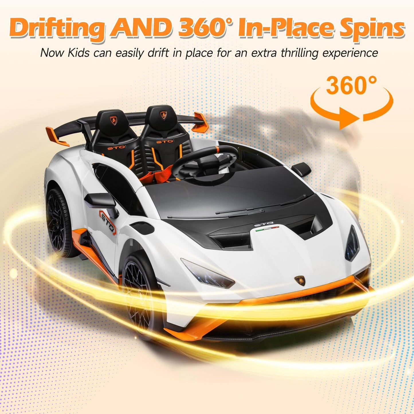 Lamborghini Ride on Sports Car, 24 Volt Ride on Toy with Remote Control, Battery Powered Kid Car Kids Electric Vehicles, 4 Wheeler with Bluetooth, Music Player, LED Light, 360¡ã Spins, White