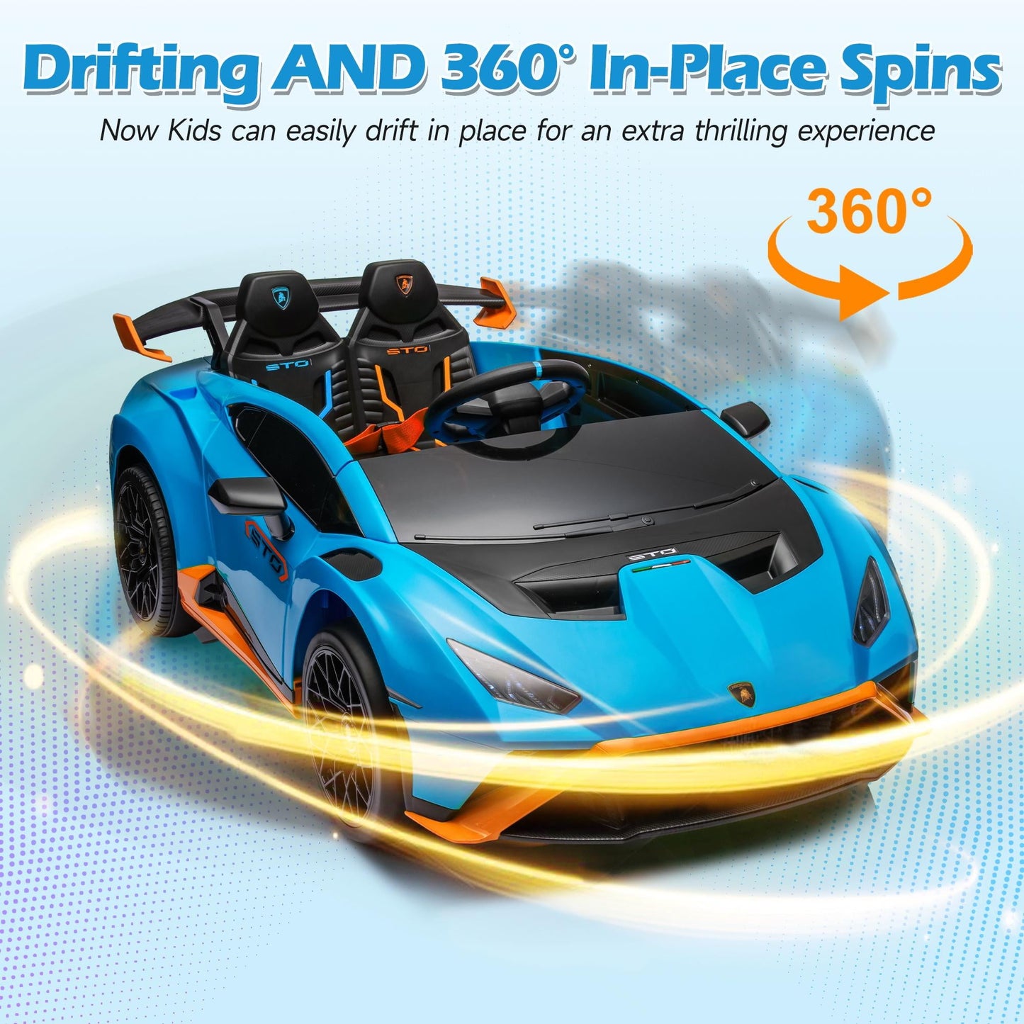 Lamborghini Ride on Sports Car, 24 Volt Ride on Toy with Remote Control, Battery Powered Kid Car Kids Electric Vehicles, 4 Wheeler with Bluetooth, Music Player, LED Light, 360¡ã Spins, Blue