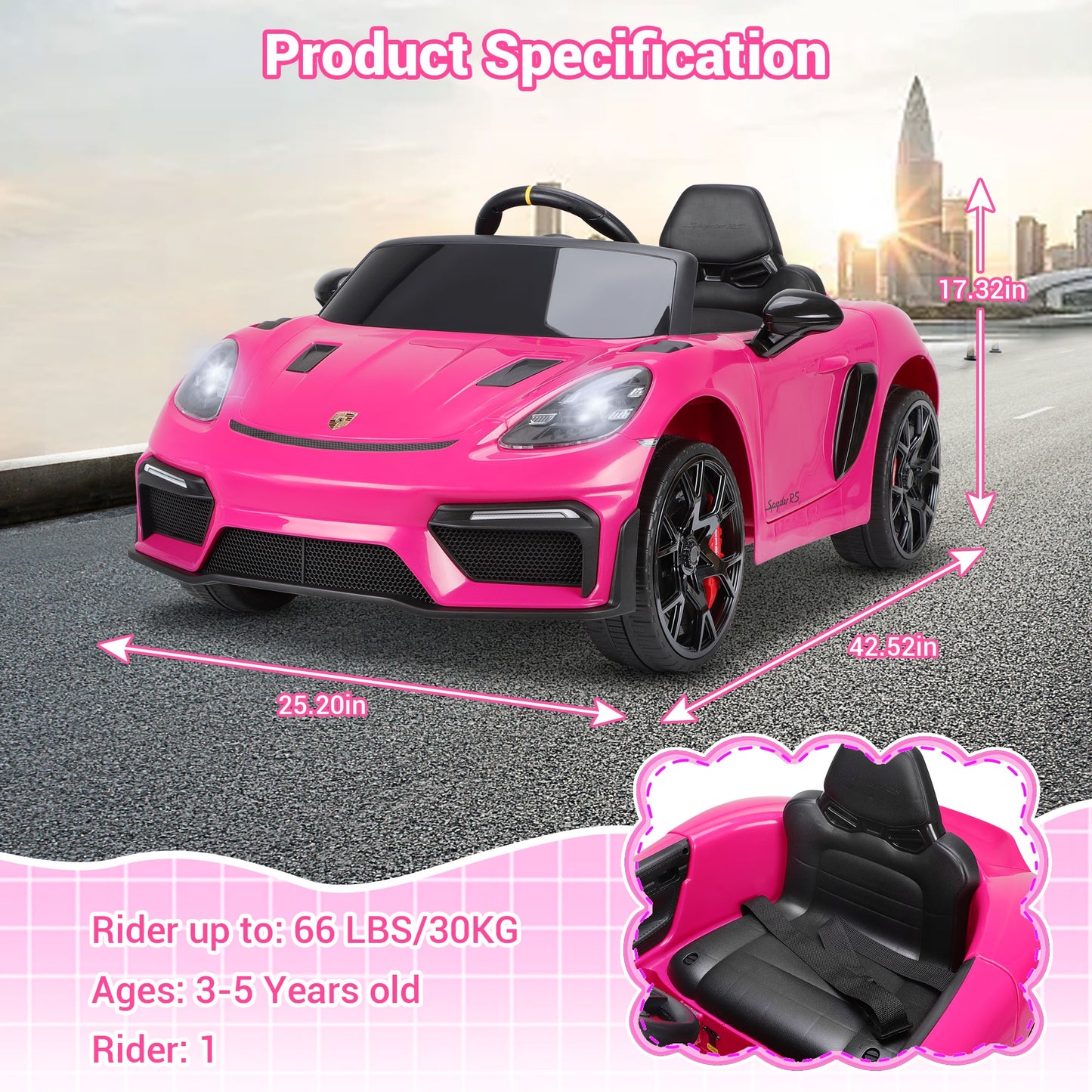 12V Powered Ride on Cars, Licensed Porsche 718 Ride on Toys for Kids Boys Girls Christmas Gifts Ages 3-5, Kids Cars Electric Vehicle with Remote Control, Bluetooth, Music, LED Light, 4 Wheeler, Pink
