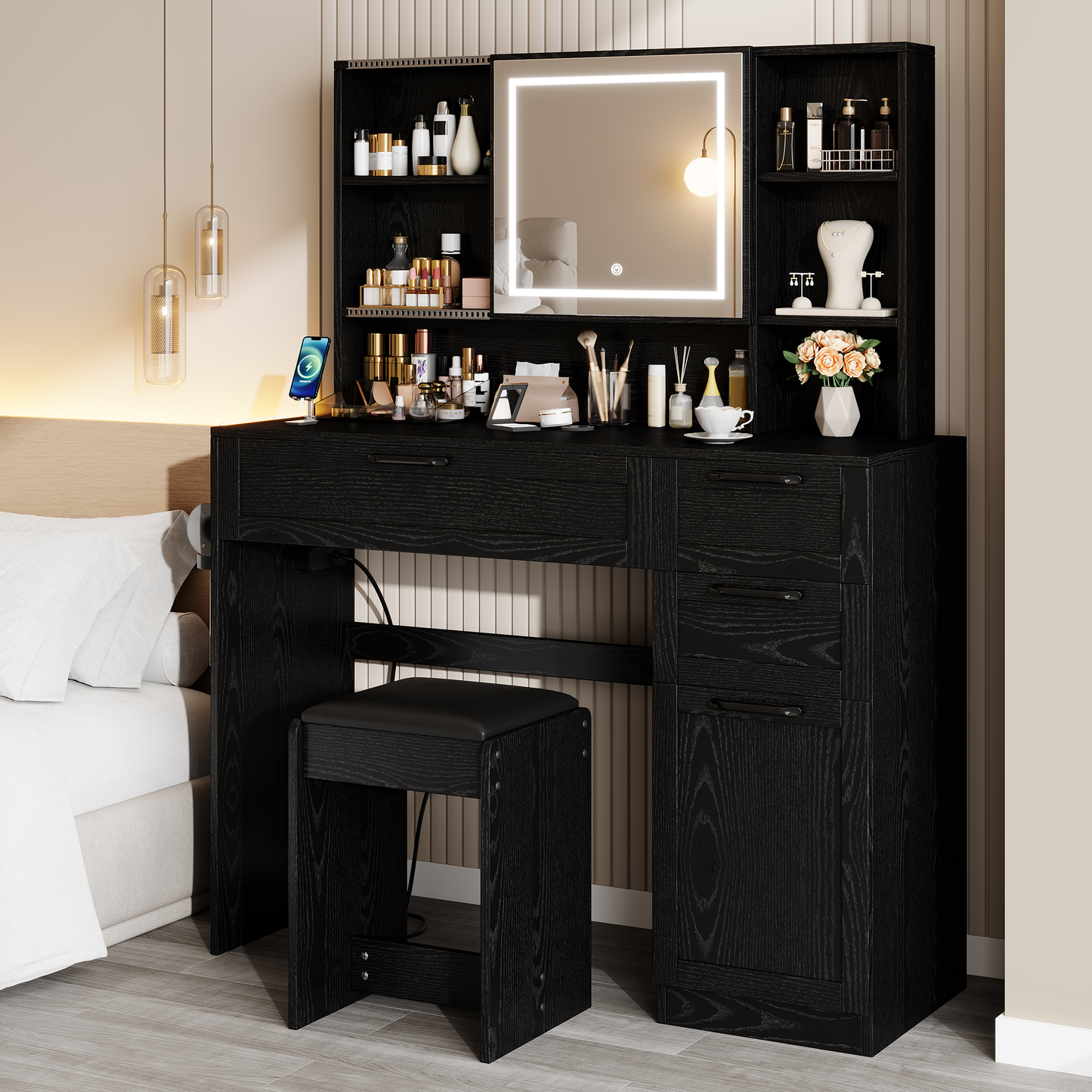 Vanity Set with Sliding Mirror and Lights, Modern Lighted Makeup Vanity Table Set, Vanity Desk with Chair Set for Girls, Dressing Table with Drawers for Bedroom