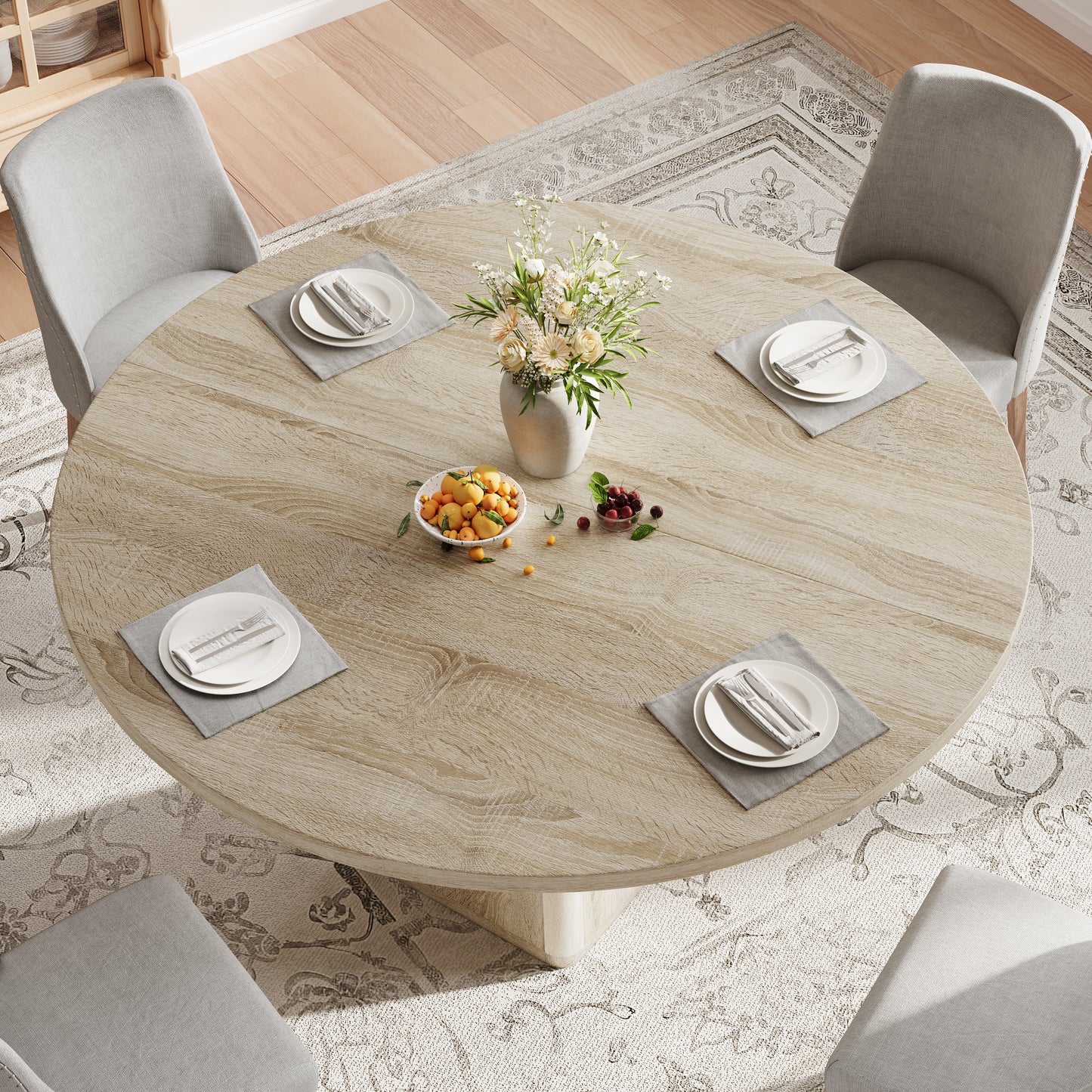 47.5in Round Dining Table, LEGAHOME Wood Round Table for 6, Kitchen Dining Table with Pedestal Base for Dining Room, Brown(Only Table)