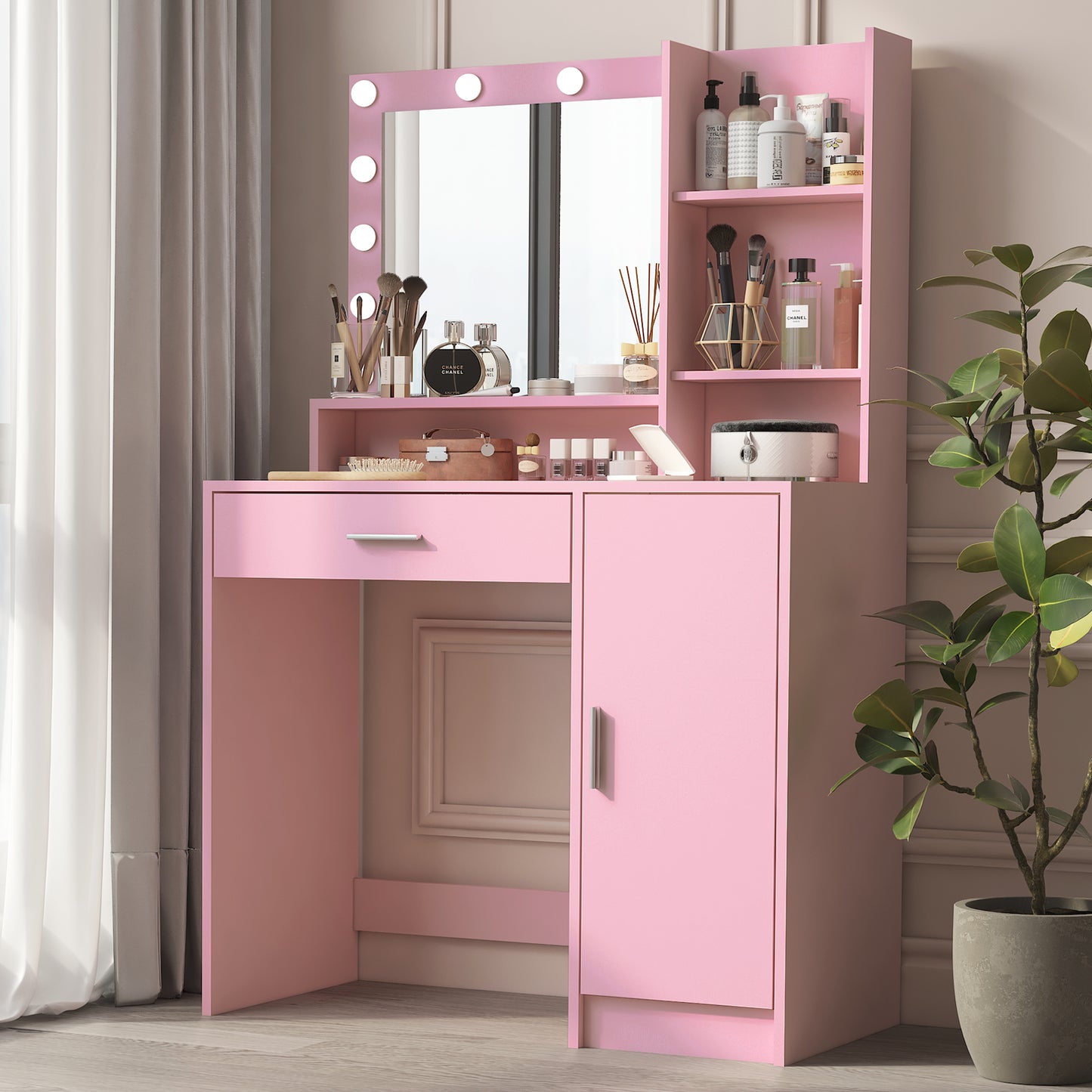PORKISS Vanity Desk with Mirror and Lights, 3 Lighting Modes Adjustable, Wooden Makeup Vanity Desk with Drawer and Storage Dresser, Makeup Desk for Bedroom, White
