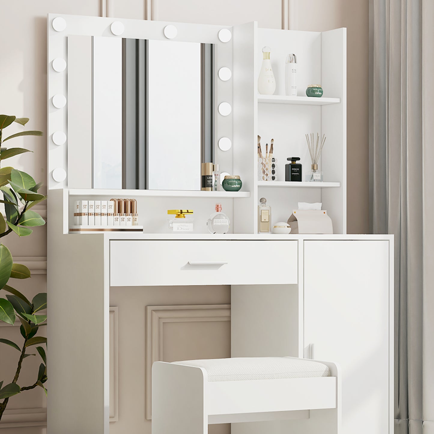 Vanity Set with Sliding Mirror and Lights, Modern Lighted Makeup Vanity Table Set, Vanity Desk with Chair Set for Girls, Dressing Table with Drawers for Bedroom