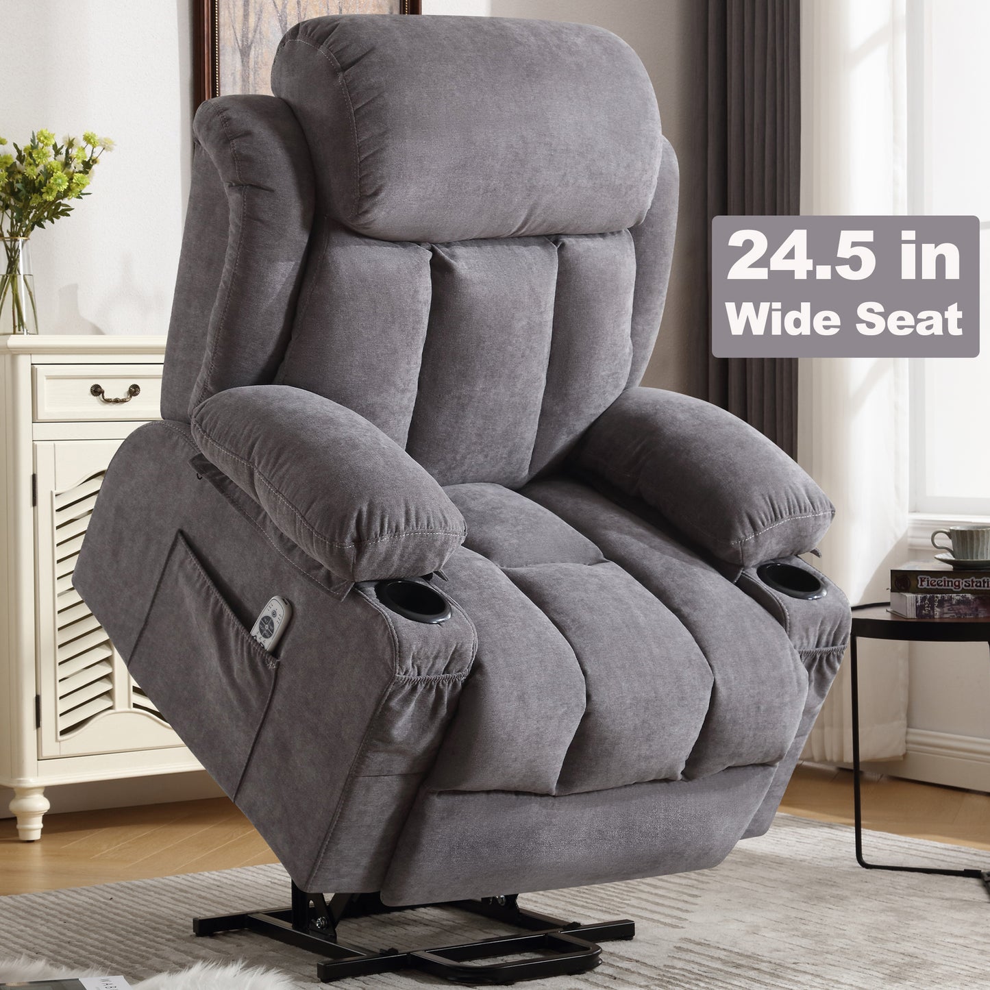 Lift Recliner Chair, 26in Wide Large Power Lift Chair Recliner for Elderly, Electric Lift Chair with Heat and Massage, Cup Holders and Side Pocket, Single Sofa Chair for Elderly, Brown