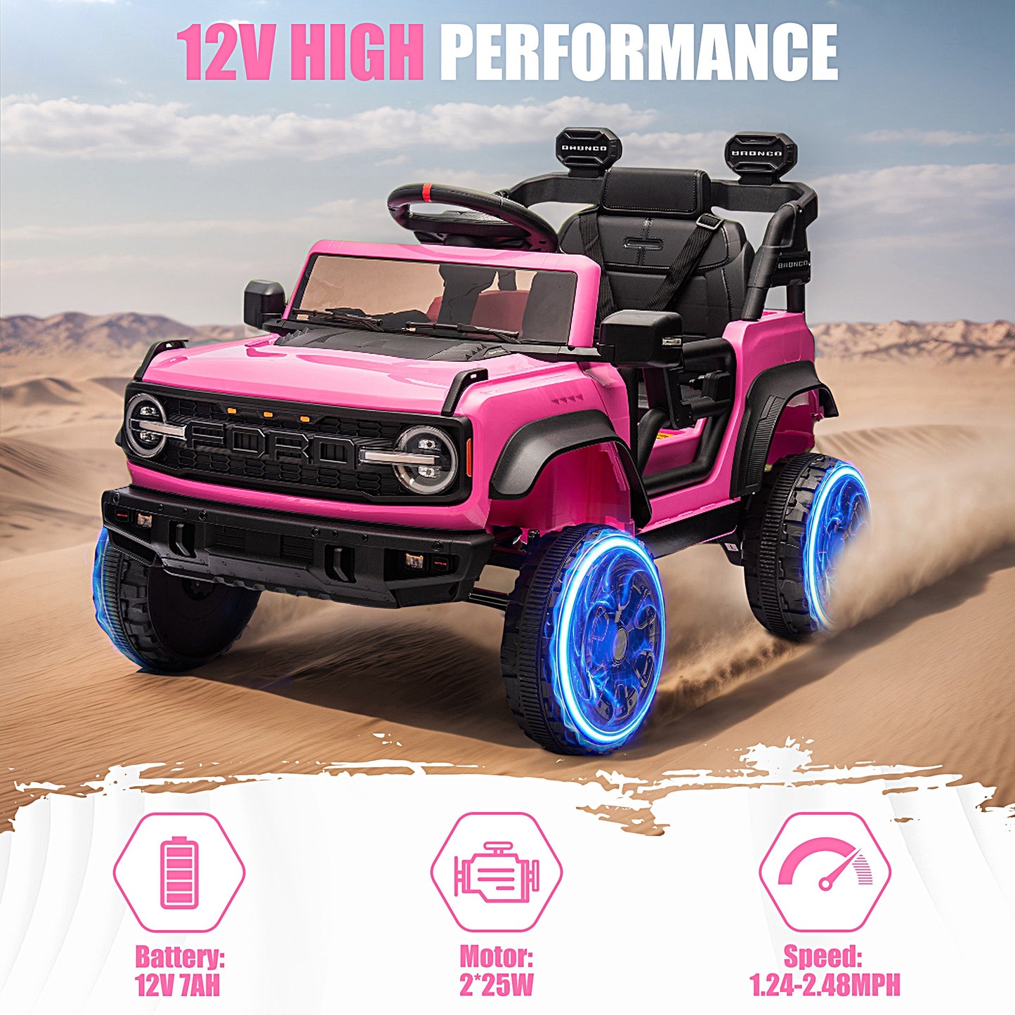 12V Powered Ride on Car, Ford Bronco Raptor Ride on Toys with Remote Control, Battery Powered Ride on Trucks with Bluetooth Music, LED Light, Kids Car Electric Vehicle for Boys Girls Gifts, Pink