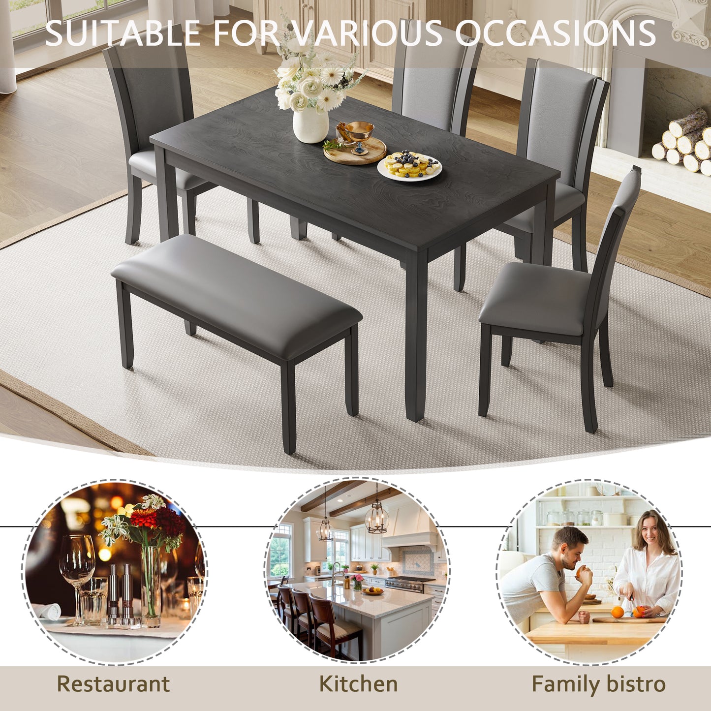 5 Piece Dining Room Set, Farmhouse Rubber Wood Dining Table Set for 4, Kitchen Table Set for Breakfast Nook, Modern Kitchen Furniture with Rectangular Table & 4 Chairs, Antique Oak