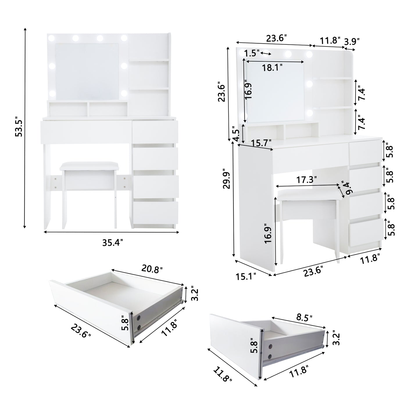 Vanity Set with Sliding Mirror and Lights, Modern Lighted Makeup Vanity Table Set, Vanity Desk with Chair Set for Girls, Dressing Table with Drawers for Bedroom