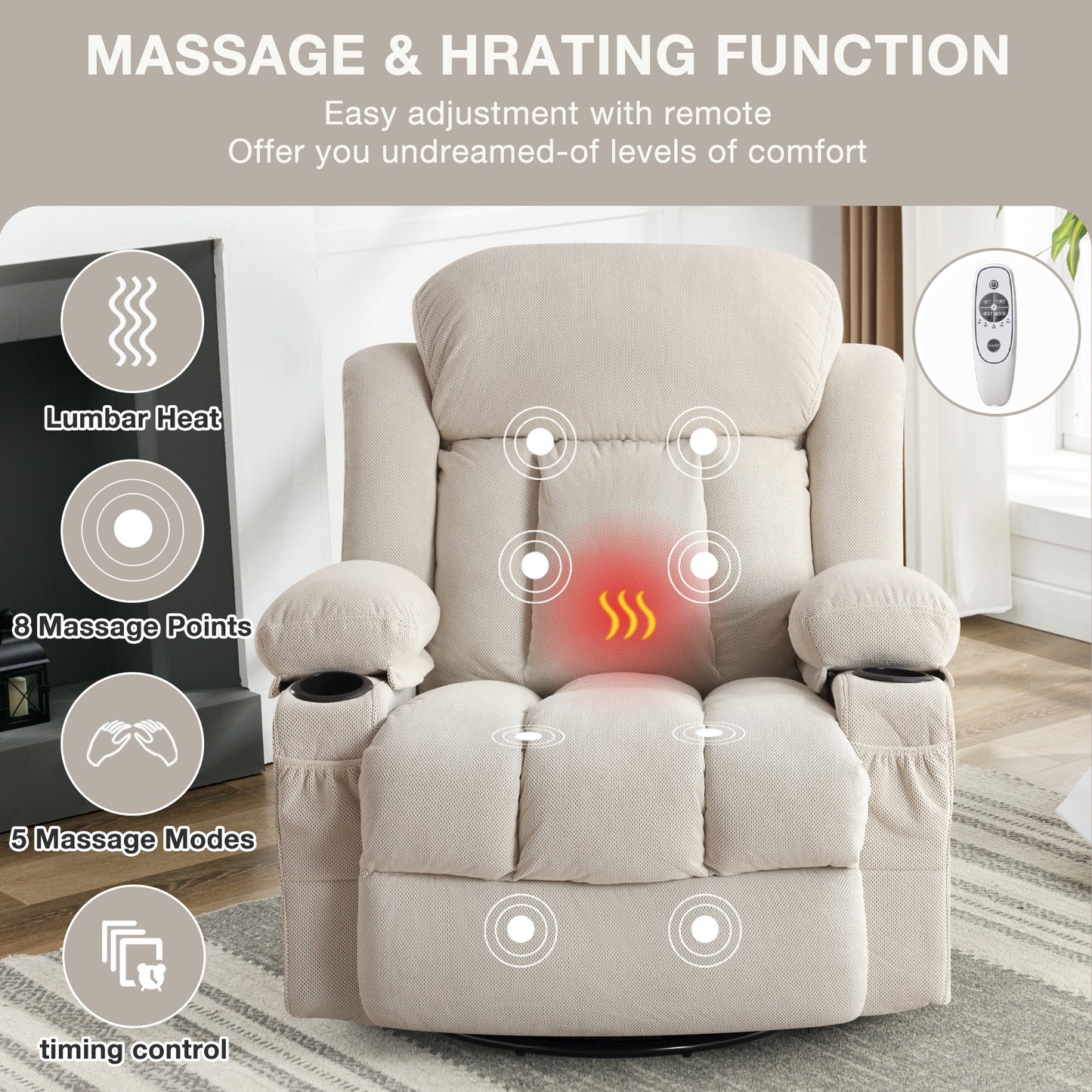 24.4in Rocker Recliner with Massage and Heat, Manual Swivel Rocker Recliner Chair for Living Room, Velvet Glider Rocking Recliner for Adults, Home Theater Message Recliner with Footrest