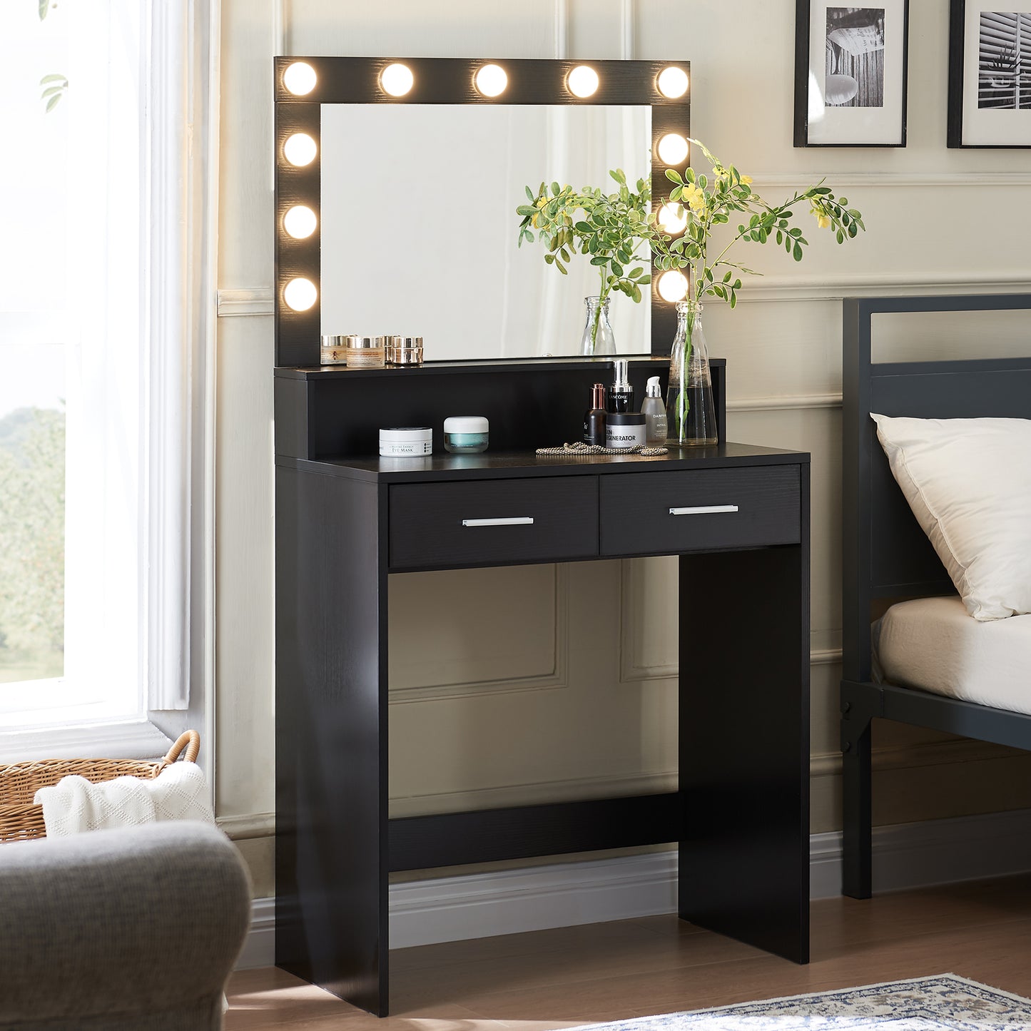 PORKISS Vanity Desk with Mirror and Lights, 3 Modes Adjustable Brightness, Makeup Vanity with 2 Large Storage Drawers and 11 Bulbs, Makeup Desk for Bedroom & Makeup Room, White