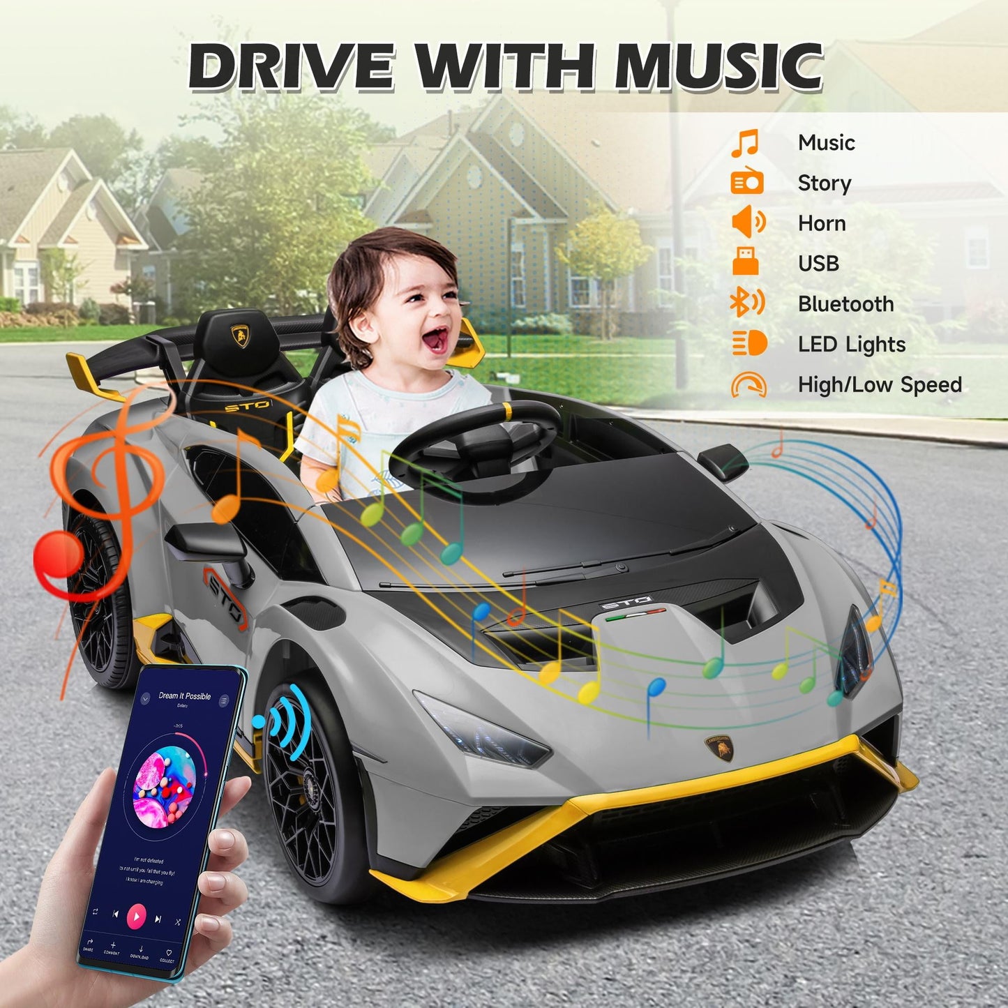 Lamborghini Ride on Sports Car, 24 Volt Ride on Toy with Remote Control, Battery Powered Kid Car Kids Electric Vehicles, 4 Wheeler with Bluetooth, Music Player, LED Light, 360¡ã Spins, Gray
