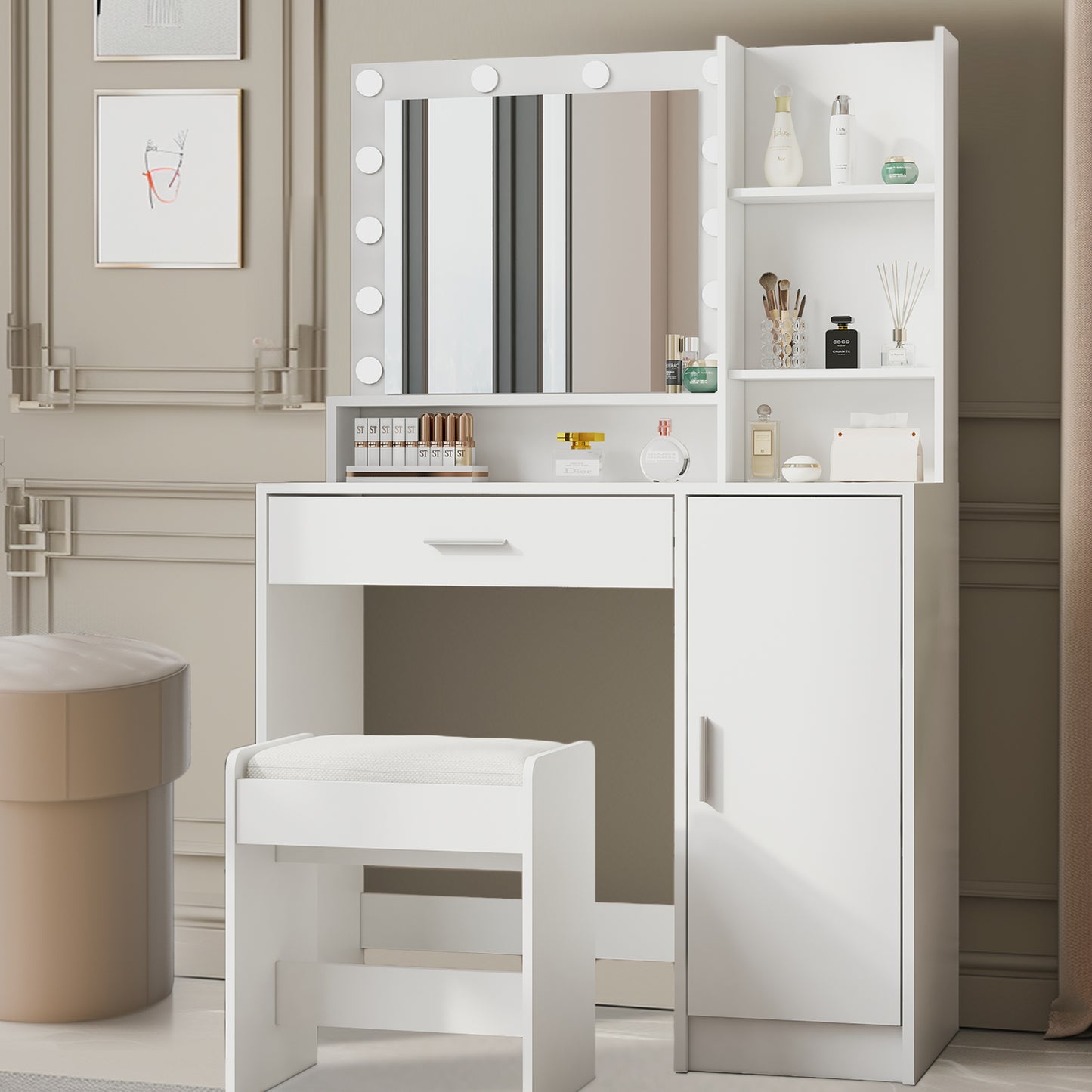 Lighted Vanity Set with Mirror and Stools, White Makeup Vanities Table and Stool Set for Girls, Lighted Makeup Vanity with Stools, Multi-Layer Shelves, Large Vanity Desk with 3 Color Light