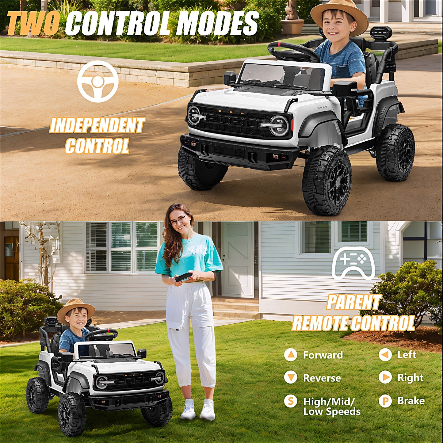 12V Powered Ride on Car, Ford Bronco Raptor Ride on Toys with Remote Control, Battery Powered Ride on Trucks with Bluetooth Music, LED Light, Kids Car Electric Vehicle for Boys Girls Gifts, White