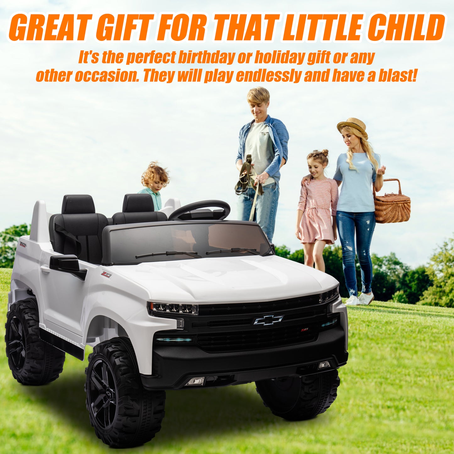 Chevrolet Silverado 24V Ride on Cars with Remote Control, 2 Seater 4 Wheels Kids Electric Cars with Bluetooth, LED Lights, Battery Powered Ride on Truck Toys for Boys Girls Christmas Gifts, White
