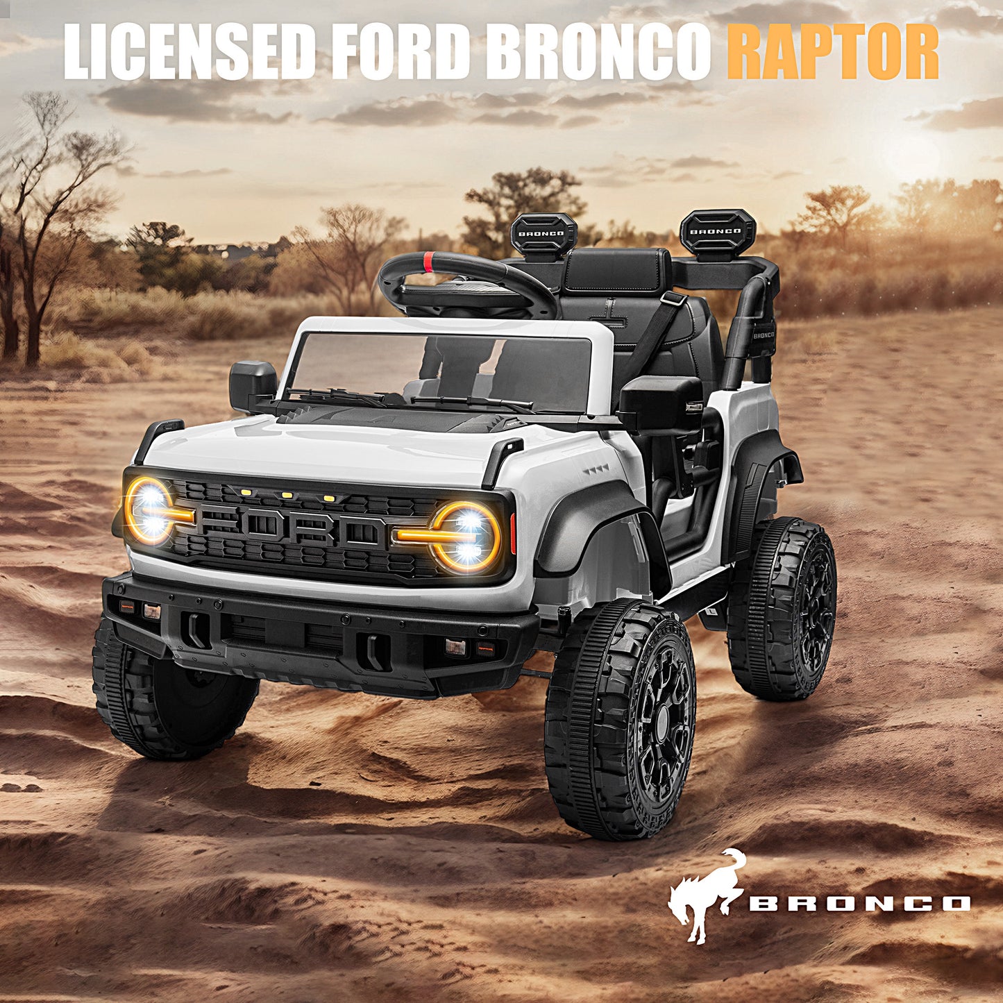 12V Powered Ride on Car, Ford Bronco Raptor Ride on Toys with Remote Control, Battery Powered Ride on Trucks with Bluetooth Music, LED Light, Kids Car Electric Vehicle for Boys Girls Gifts, White