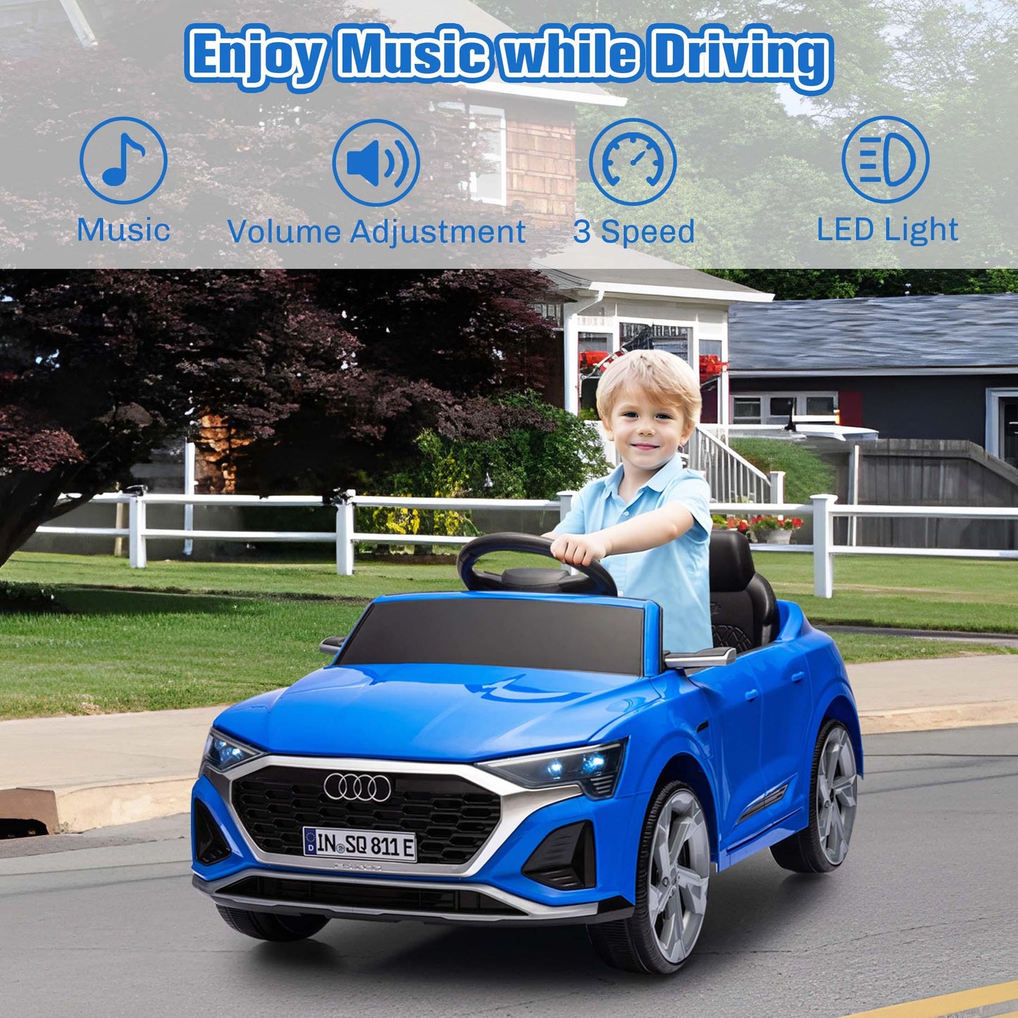 12V Powered Ride on Cars, Licensed Audi SQ8 Toddlers Ride on Toys with Remote Control, Music, LED Light, 3 Speed, 4 Wheel Suspension, Electric Cars for Kids 3-6 Ages Kids Christmas Gift, Blue