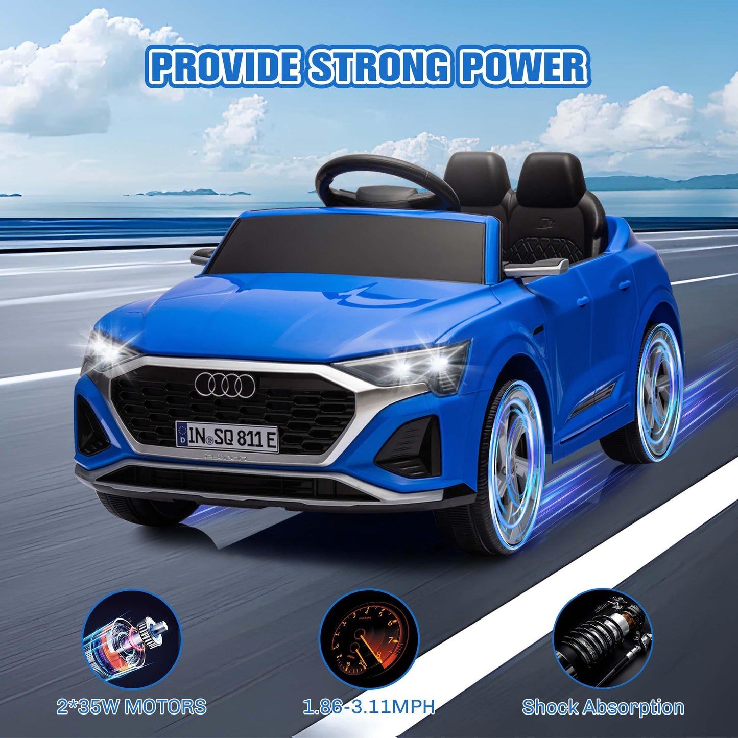 12V Powered Ride on Cars, Licensed Audi SQ8 Toddlers Ride on Toys with Remote Control, Music, LED Light, 3 Speed, 4 Wheel Suspension, Electric Cars for Kids 3-6 Ages Kids Christmas Gift, Blue