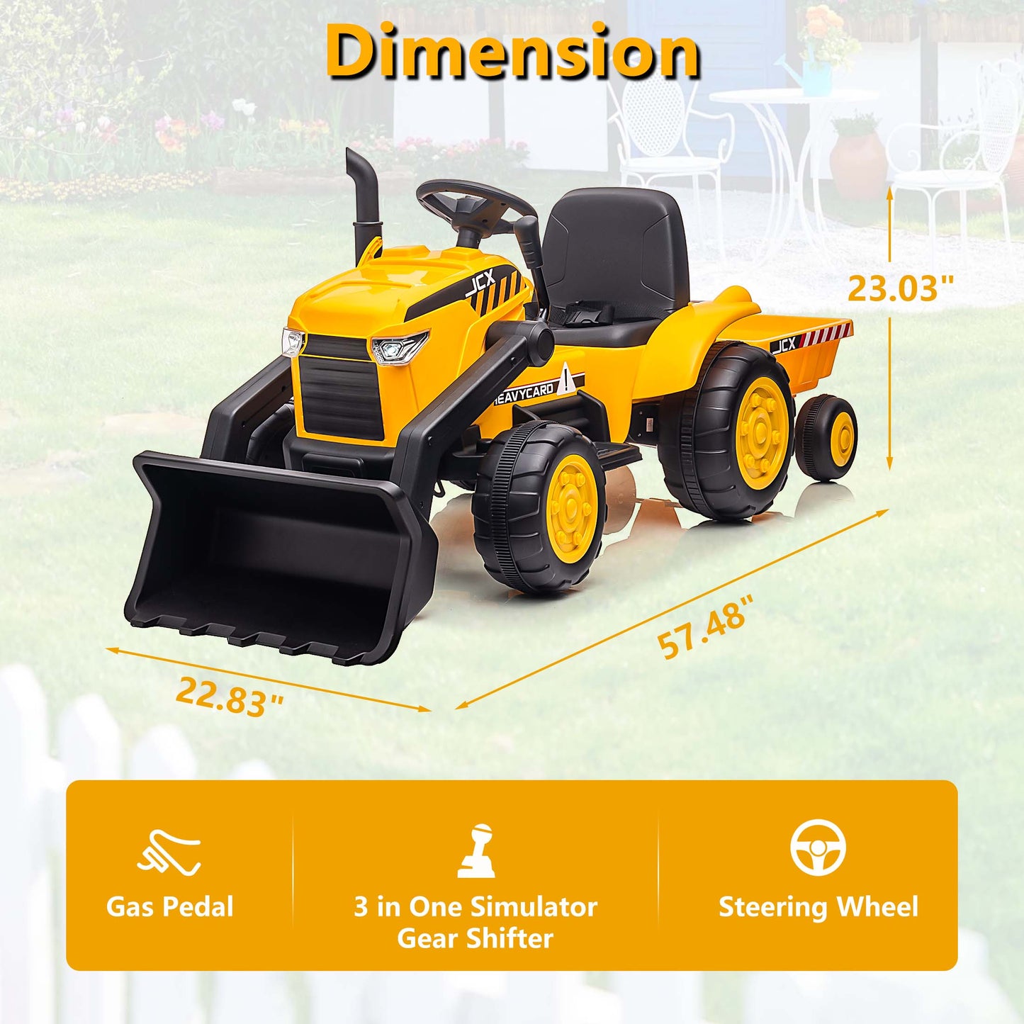 Legahome Ride on Toy Bulldozer, 12V Electric Ride on Car with Remote Control, Ride on Tractor Electric Excavator Vehicle Construction Truck with Trailer, Adjustable Bucket, Music, 3 Speeds, Yellow