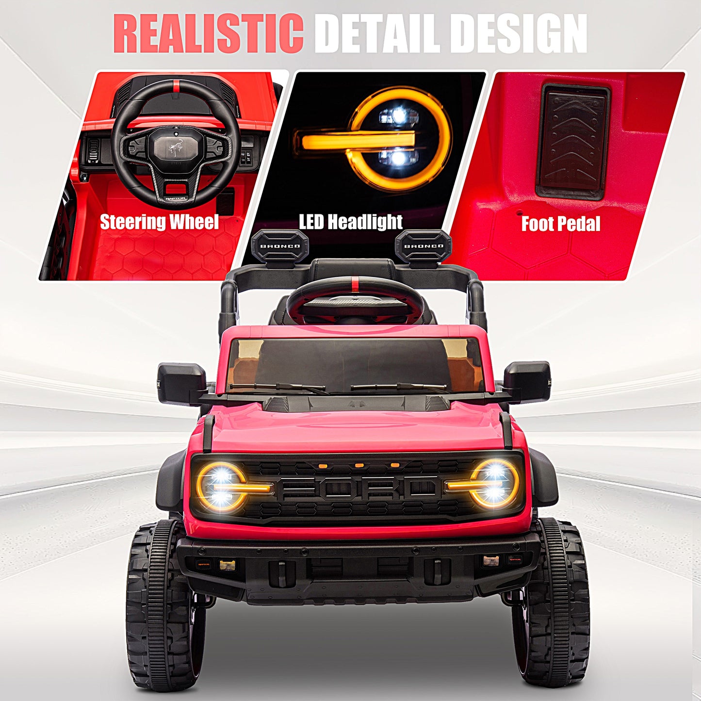 12V Powered Ride on Car, Ford Bronco Raptor Ride on Toys with Remote Control, Battery Powered Ride on Trucks with Bluetooth Music, LED Light, Kids Car Electric Vehicle for Boys Girls Gifts, Red