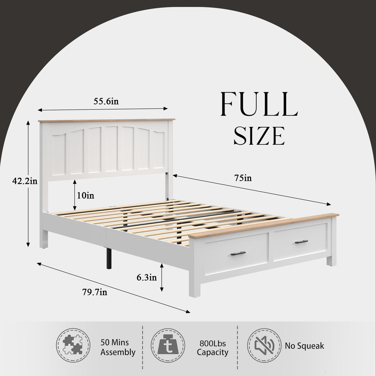LEGAHOME Full Bed Frame for 800lbs Weight Capacity, Wood Platform Bed Frame with Headboard and Wood Slats Support, No Box Spring Needed, Brown and White