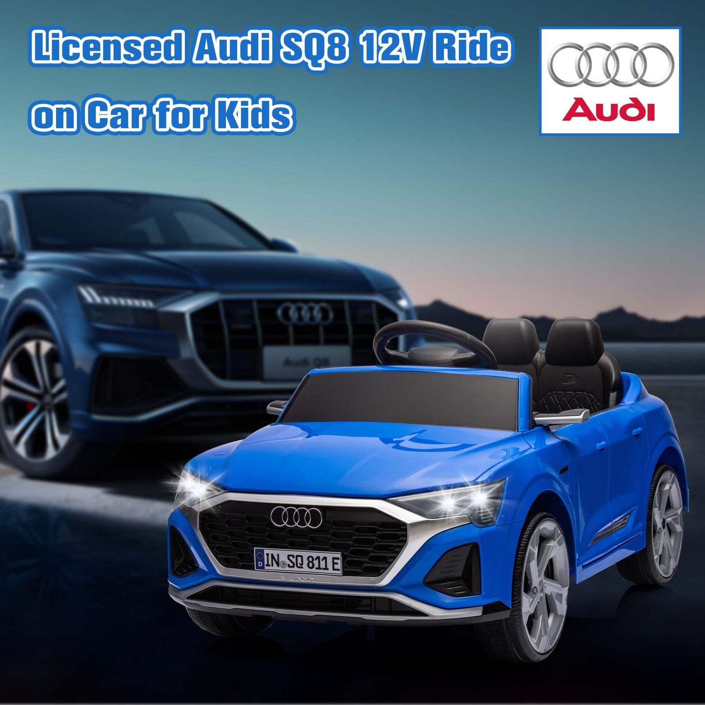 12V Powered Ride on Cars, Licensed Audi SQ8 Toddlers Ride on Toys with Remote Control, Music, LED Light, 3 Speed, 4 Wheel Suspension, Electric Cars for Kids 3-6 Ages Kids Christmas Gift, Blue