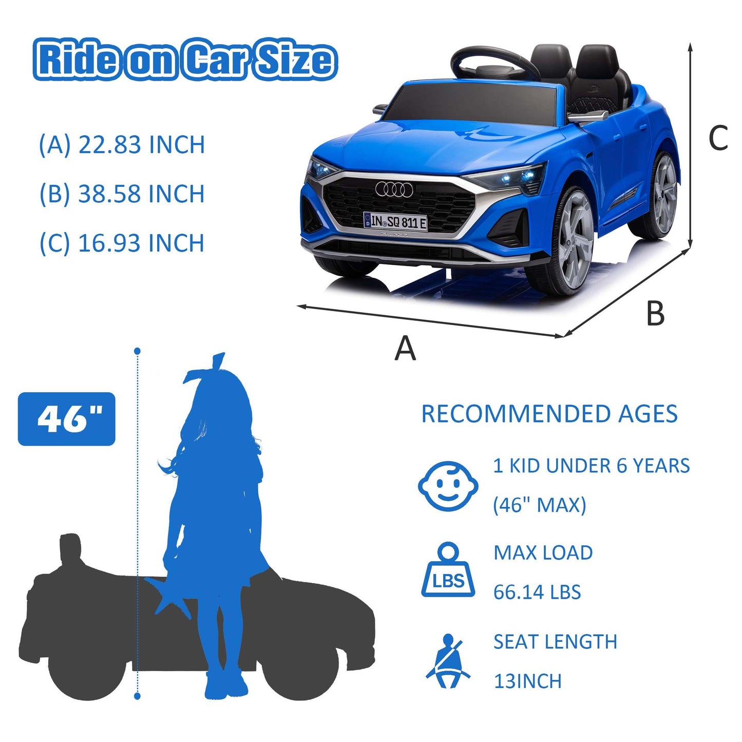 12V Powered Ride on Cars, Licensed Audi SQ8 Toddlers Ride on Toys with Remote Control, Music, LED Light, 3 Speed, 4 Wheel Suspension, Electric Cars for Kids 3-6 Ages Kids Christmas Gift, Blue