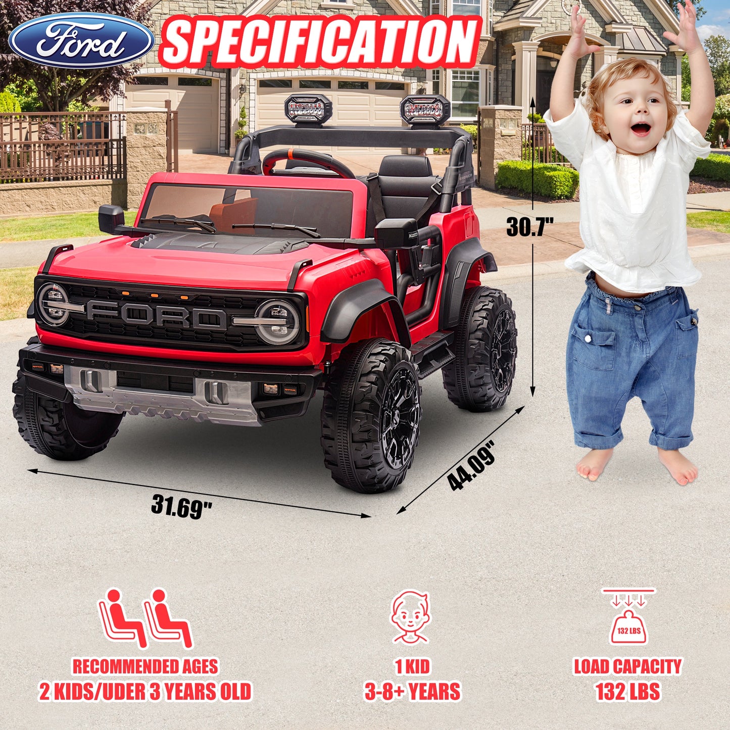 24V 2 Seater Ride on Toy Car, Licensed Ford Bronco Raptor Ride on Trucks with Remote Control, Bluetooth Music Player, Spring Suspension, Battery Powered Electric Car for Kids Boys Girls Ages 3-8, Red