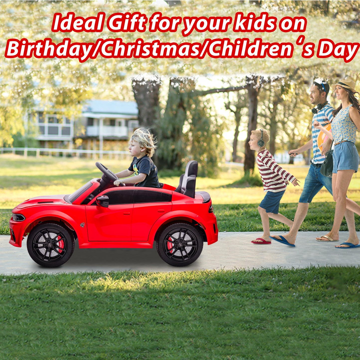 Kids Electric Cars With Remote Control, Licensed Dodge Charger 12V Ride on Cars for Boys Girls, Battery Powered Ride on Toys with Bluetooth, USB, MP3, 4 Wheel Suspension, Red