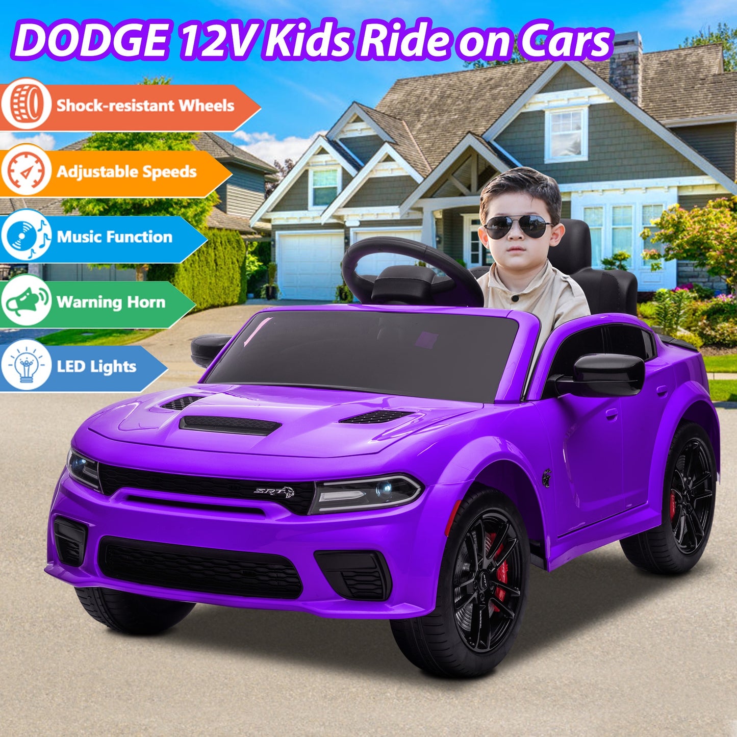 Legahome Purple 12v Kids Electric Cars, Licensed Dodge Charger Kids Ride on Cars with Remote Control, Battery Powered Ride on Toys with Bluetooth, Music, USB, MP3, 4 Wheel Suspension