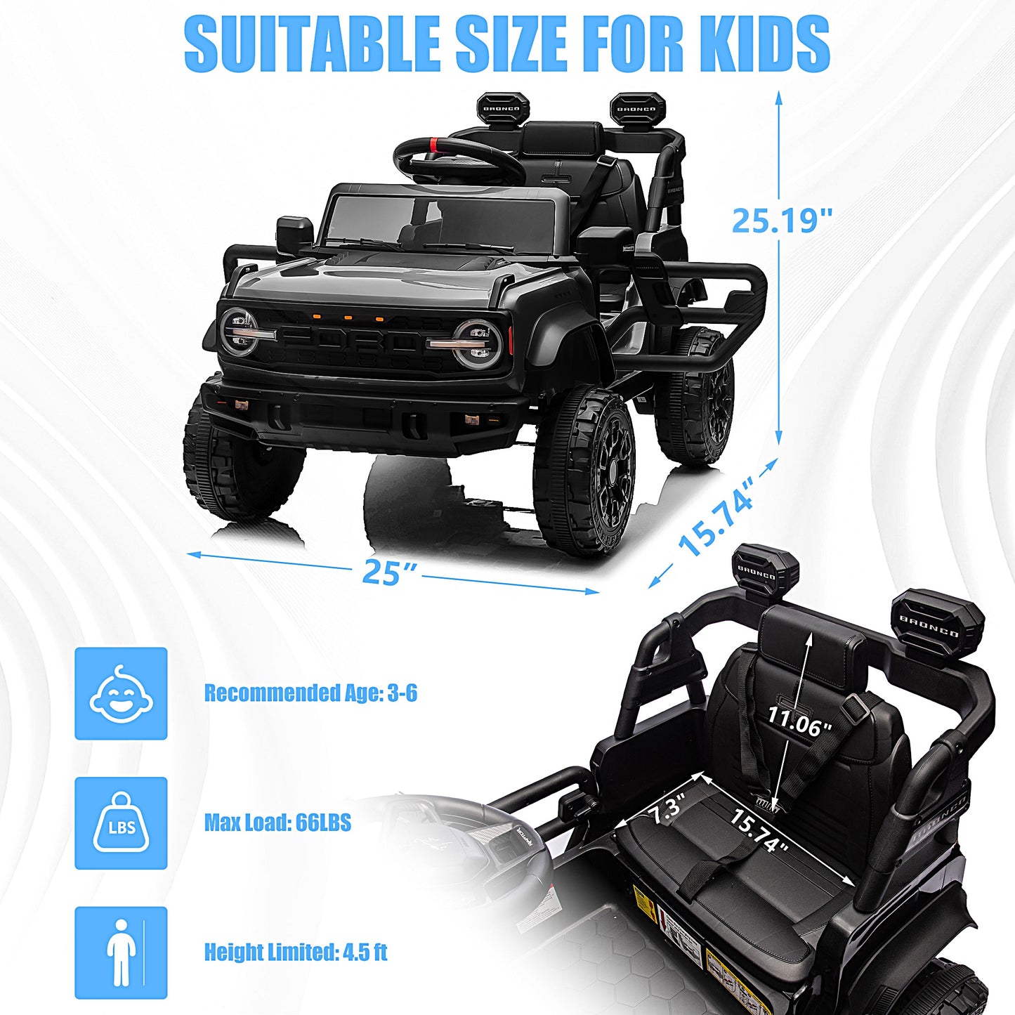 12V Powered Ride on Car, Ford Bronco Raptor Ride on Toys with Remote Control, Battery Powered Ride on Trucks with Bluetooth Music, LED Light, Kids Car Electric Vehicle for Boys Girls Gifts, Black