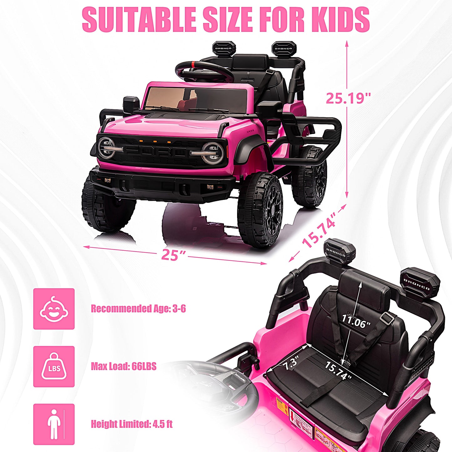 12V Powered Ride on Car, Ford Bronco Raptor Ride on Toys with Remote Control, Battery Powered Ride on Trucks with Bluetooth Music, LED Light, Kids Car Electric Vehicle for Boys Girls Gifts, Pink