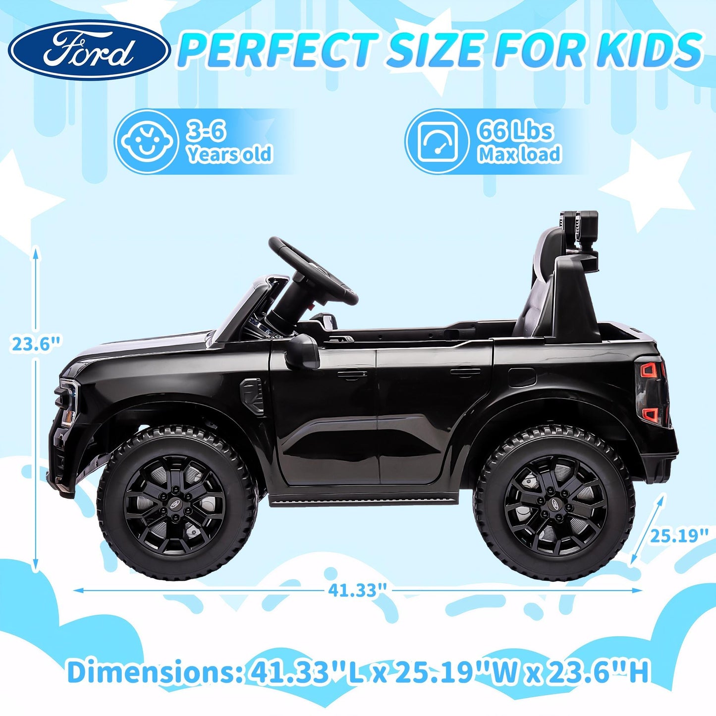 12V Ride on Cars with Remote Control, Ford Ranger 4 Wheels Electric Cars for Kids with Bluetooth, Music, USB Port, LED Lights, Battery Powered Ride on Toys for Kids Boys Girls 3-6 Ages Gifts, Black