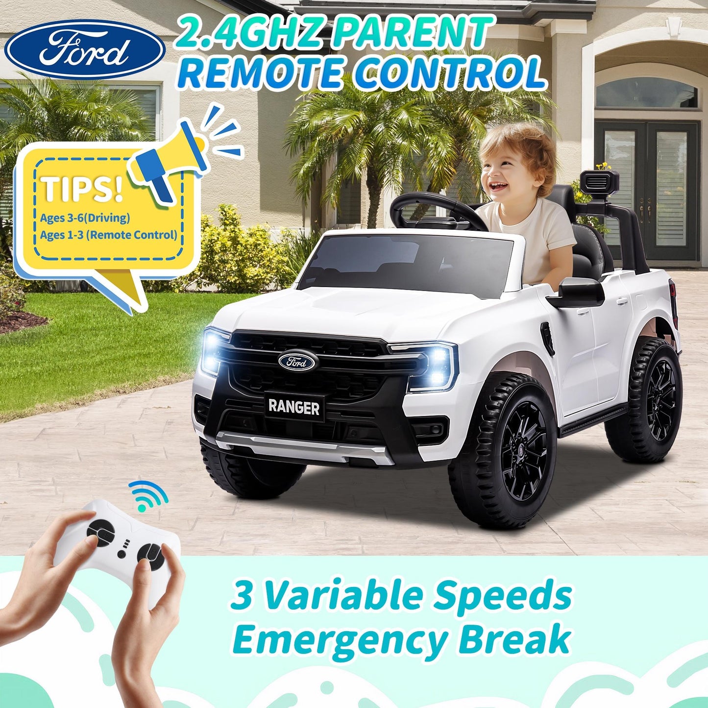 Legahome White 12V Ford Ranger Powered Ride on Car with Remote Control, Kids Electric Car for Boys Girls 3-6 Ages, Kids Ride on Toys with Bluetooth, Music, USB Port, Horn, LED Lights