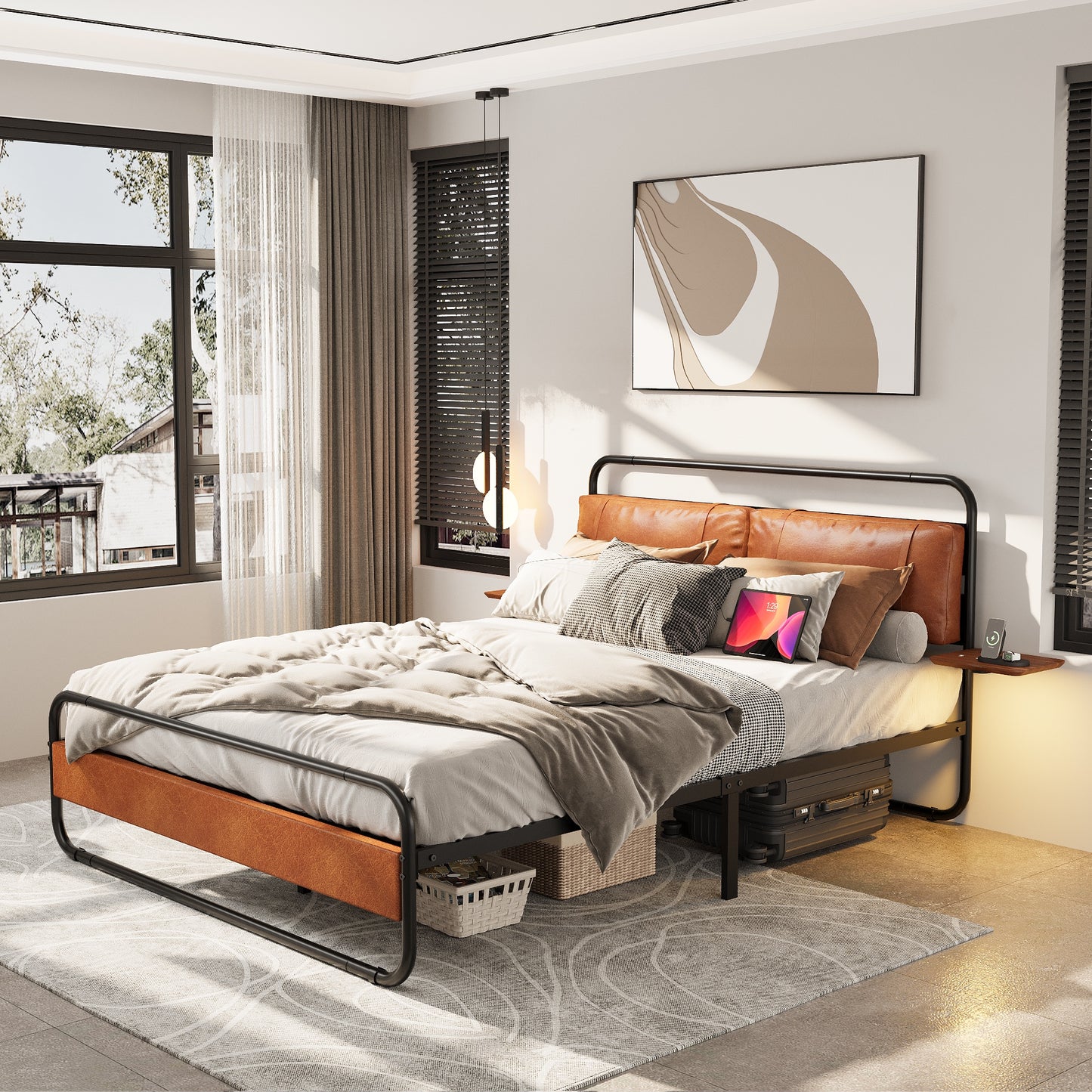Metal Queen Size Platform Bed, Modern Bed Frame with Upholstered Headboard, Built-In Wireless Charging, USB Ports, LED Touch Light, Oval Platform Bed with Under-Bed Storage