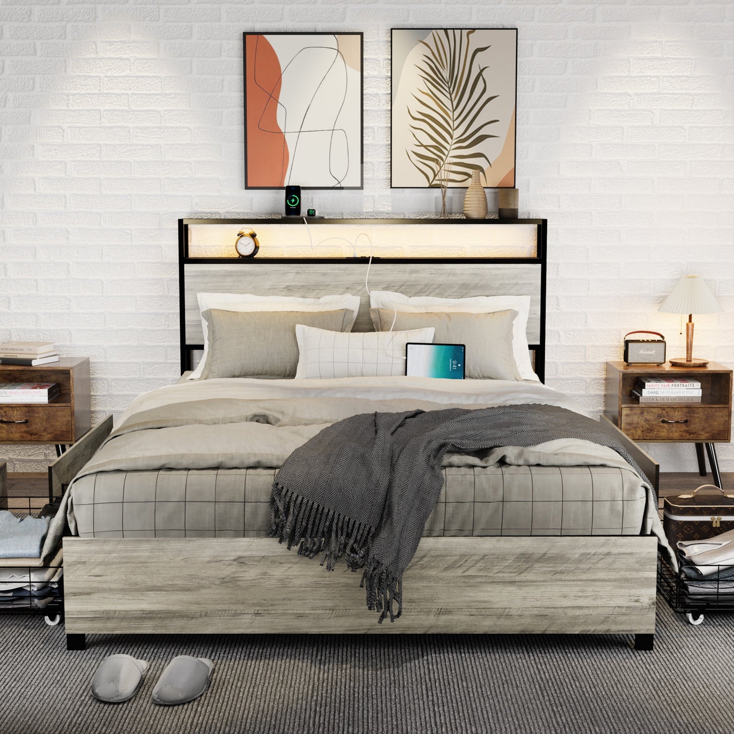 Modern Full Size Bed Frame with 4 Drawers, New Upgraded Platform Bed with Storage Headboard and Charging Station, Sturdy Metal Slat Support, No Box Spring Needed, Dark Grey