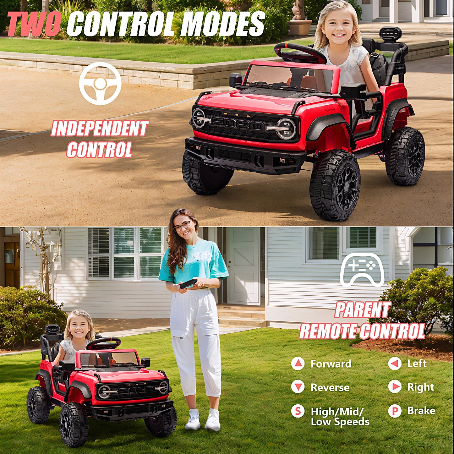 12V Powered Ride on Car, Ford Bronco Raptor Ride on Toys with Remote Control, Battery Powered Ride on Trucks with Bluetooth Music, LED Light, Kids Car Electric Vehicle for Boys Girls Gifts, Red