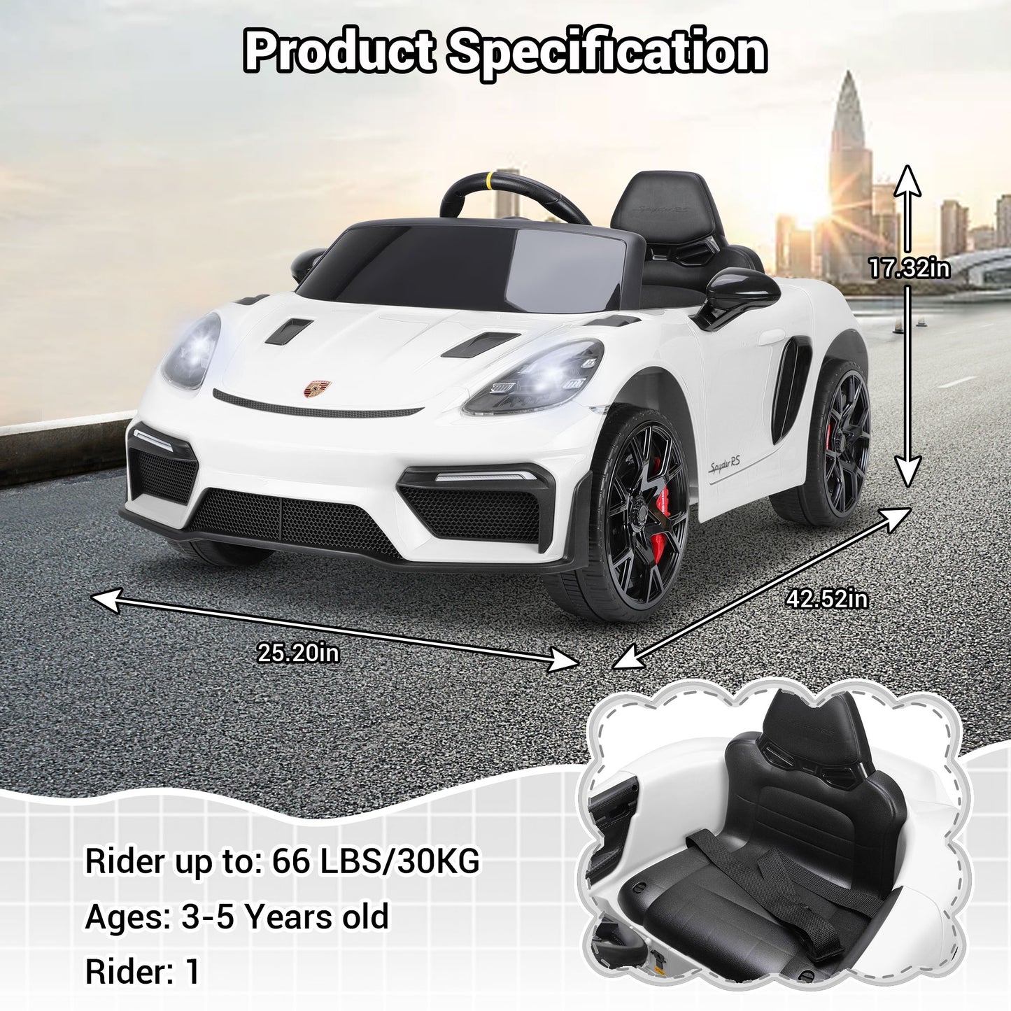 12V Powered Ride on Cars, Licensed Porsche 718 Ride on Toys for Kids Boys Girls Christmas Gifts Ages 3-5, Kids Cars Electric Vehicle with Remote Control, Bluetooth, Music, LED Light, 4 Wheeler, White