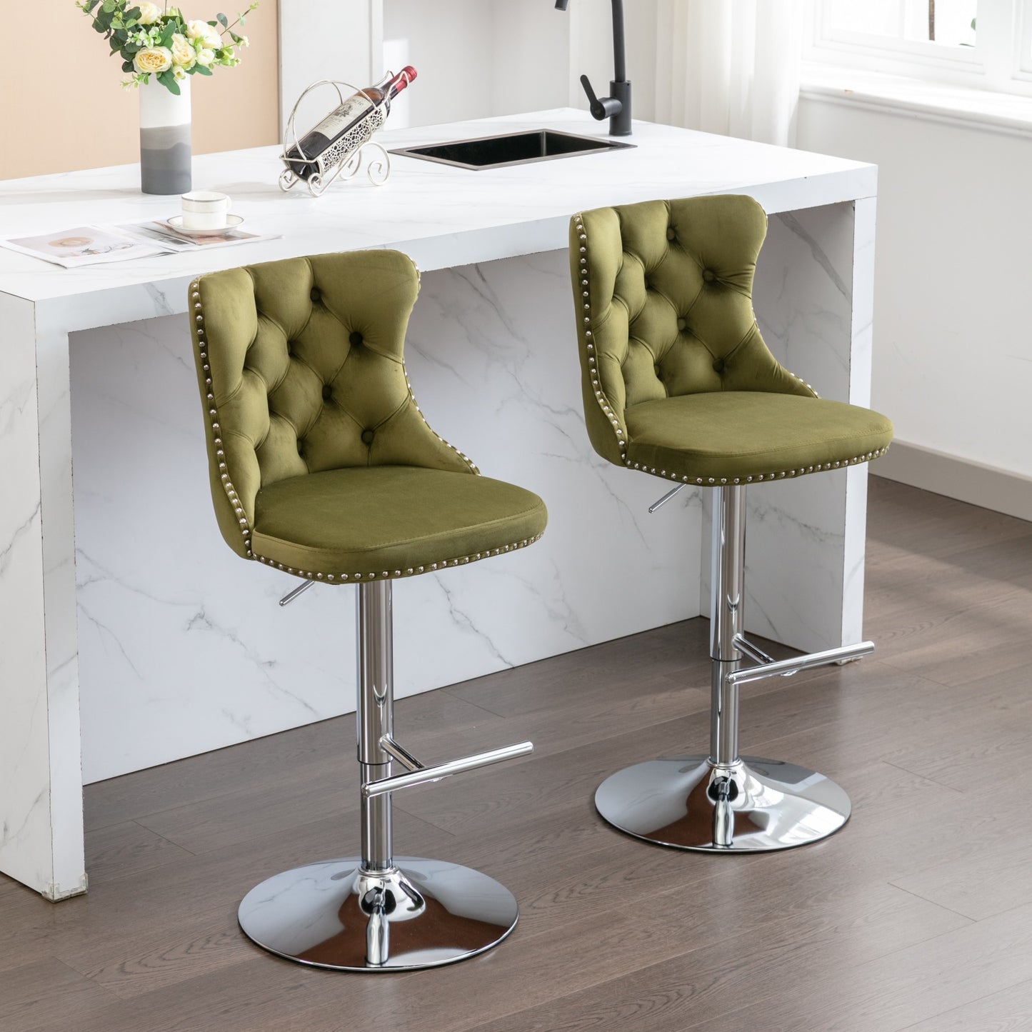Swivel Bar Stools of 2, LegaHome Velvet Counter Height Barstools, 25-33 Inch Adjustable Height Bar Stools for Kitchen Counter, Modern Upholstered Kitchen Island Chairs, 300lbs Capacity, Pink