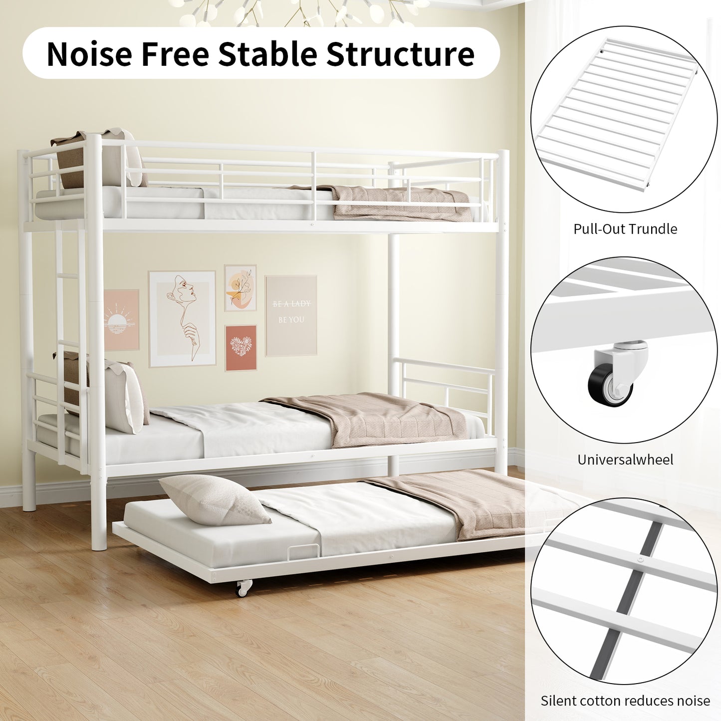 Twin Over Twin Bunk Bed with Trundle, LEGAHOME White Metal Bunk Bed For Teens, Heavy Duty Convertible BunkBeds for 350lbs Weight Capacity, White