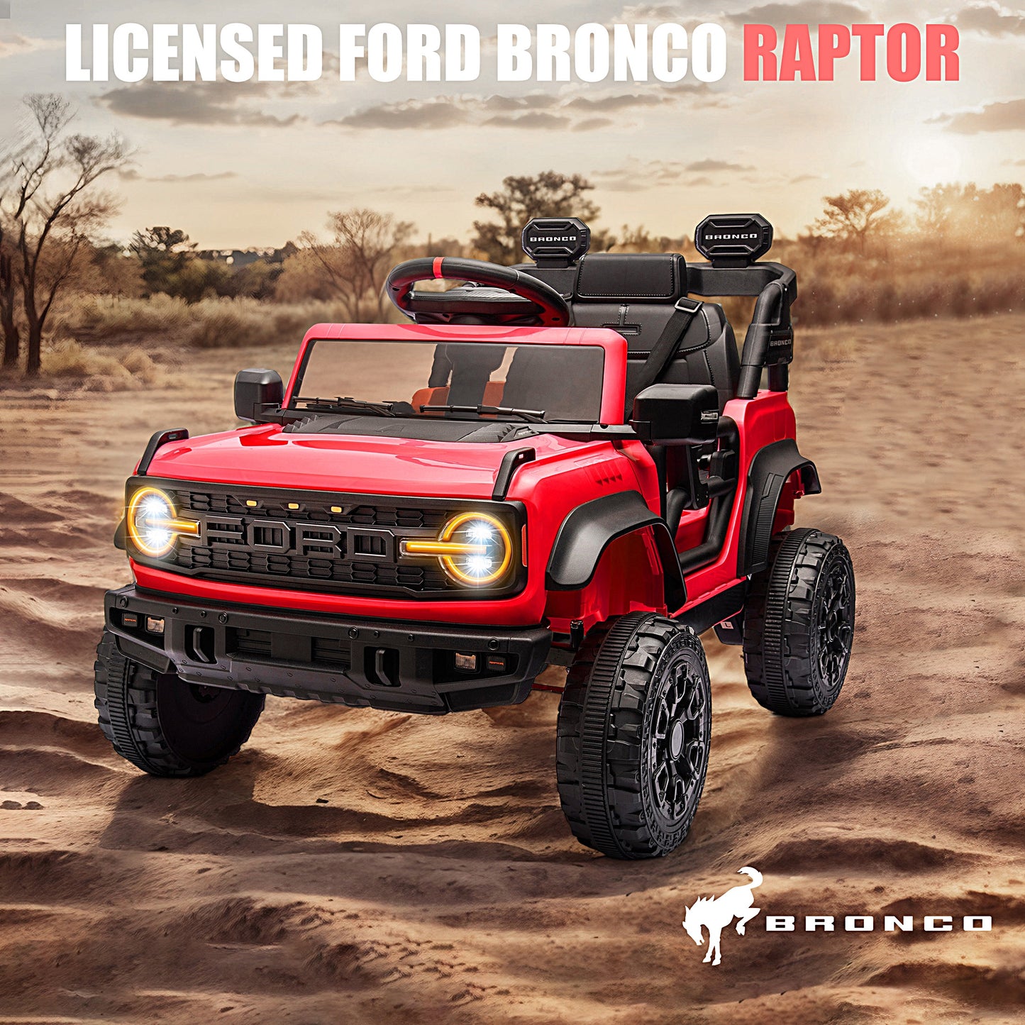 12V Powered Ride on Car, Ford Bronco Raptor Ride on Toys with Remote Control, Battery Powered Ride on Trucks with Bluetooth Music, LED Light, Kids Car Electric Vehicle for Boys Girls Gifts, Red