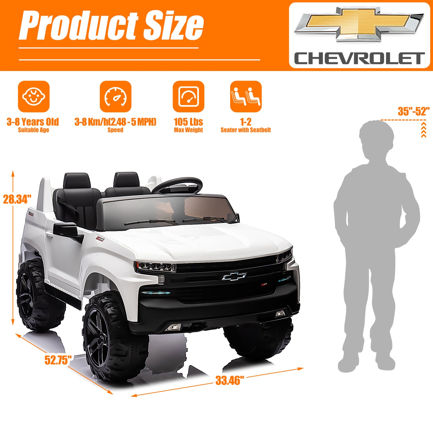 2 Seater 24V Ride on Cars with Remote Control, Licensed Chevrolet Silverado Kids Ride on Truck for Boys Girls Birthday Christmas Gifts, Battery Powered Kids Electric Cars with LED Lights, Music, White