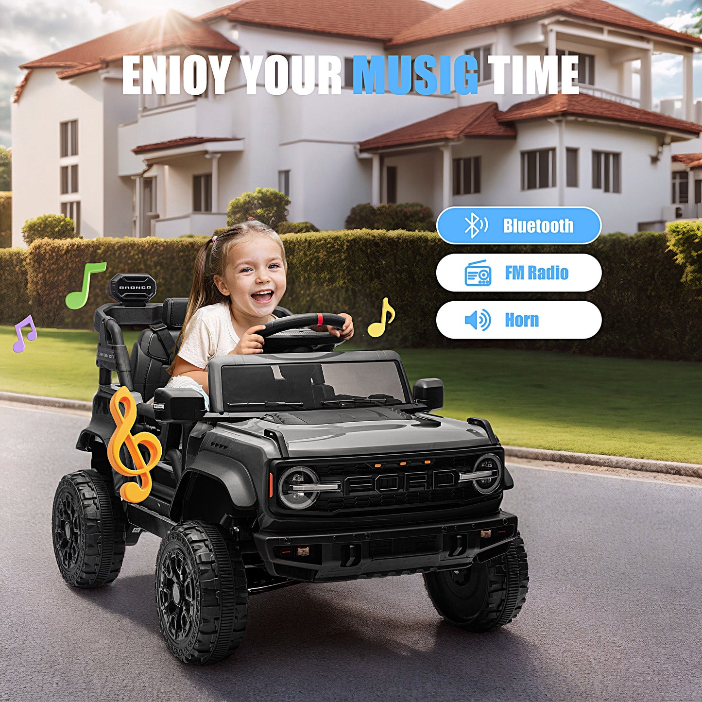 12V Powered Ride on Car, Ford Bronco Raptor Ride on Toys with Remote Control, Battery Powered Ride on Trucks with Bluetooth Music, LED Light, Kids Car Electric Vehicle for Boys Girls Gifts, White