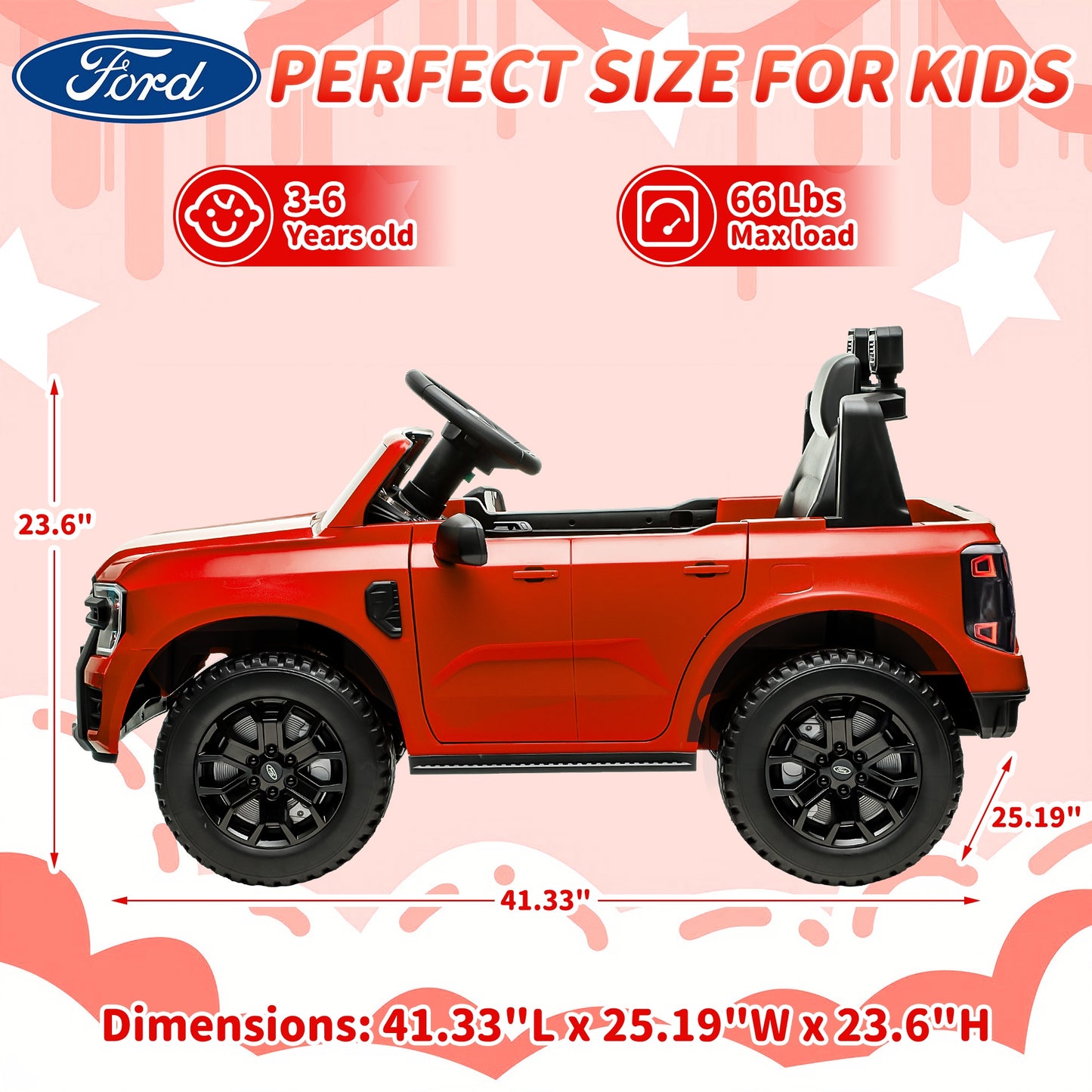 12V Ride on Cars with Remote Control, Ford Ranger 4 Wheels Electric Cars for Kids with Bluetooth, Music, USB Port, LED Lights, Battery Powered Ride on Toys for Kids Boys Girls 3-6 Ages Gifts, Red