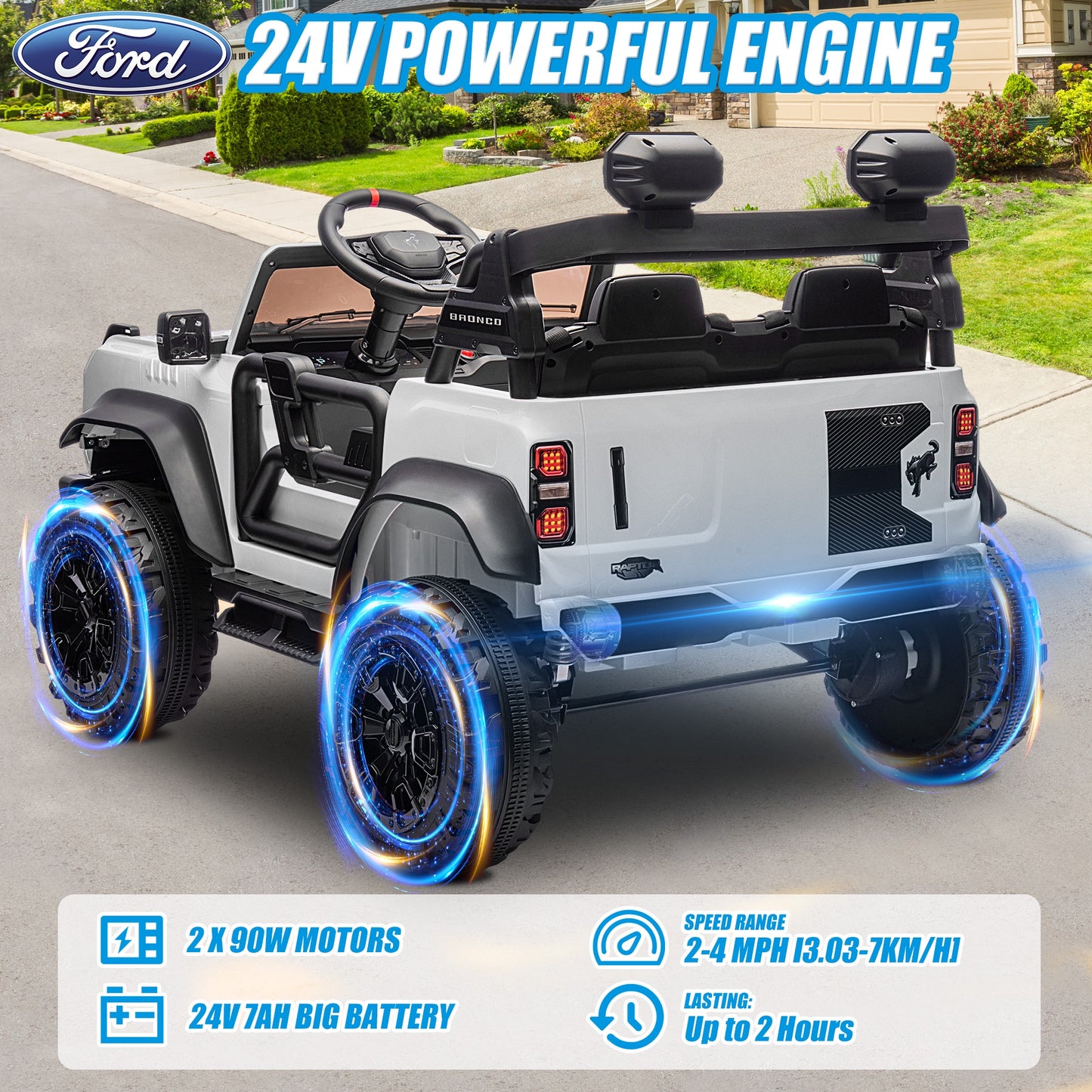 24V 2 Seater Ride on Toy Car, Licensed Ford Bronco Raptor Ride on Trucks with Remote Control, Bluetooth Music Player, Spring Suspension, Battery Powered Electric Car for Kids Boys Girl Ages 3-8, White