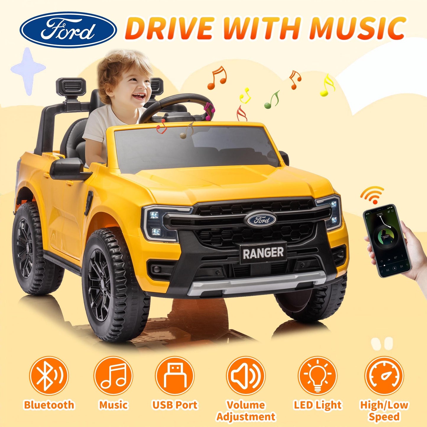 Legahome Yellow 12V Ford Ranger Powered Ride on Car with Remote Control, Kids Electric Car for Boys Girls 3-6 Ages, Kids Ride on Toys with Bluetooth, Music, USB Port, Horn, LED Lights