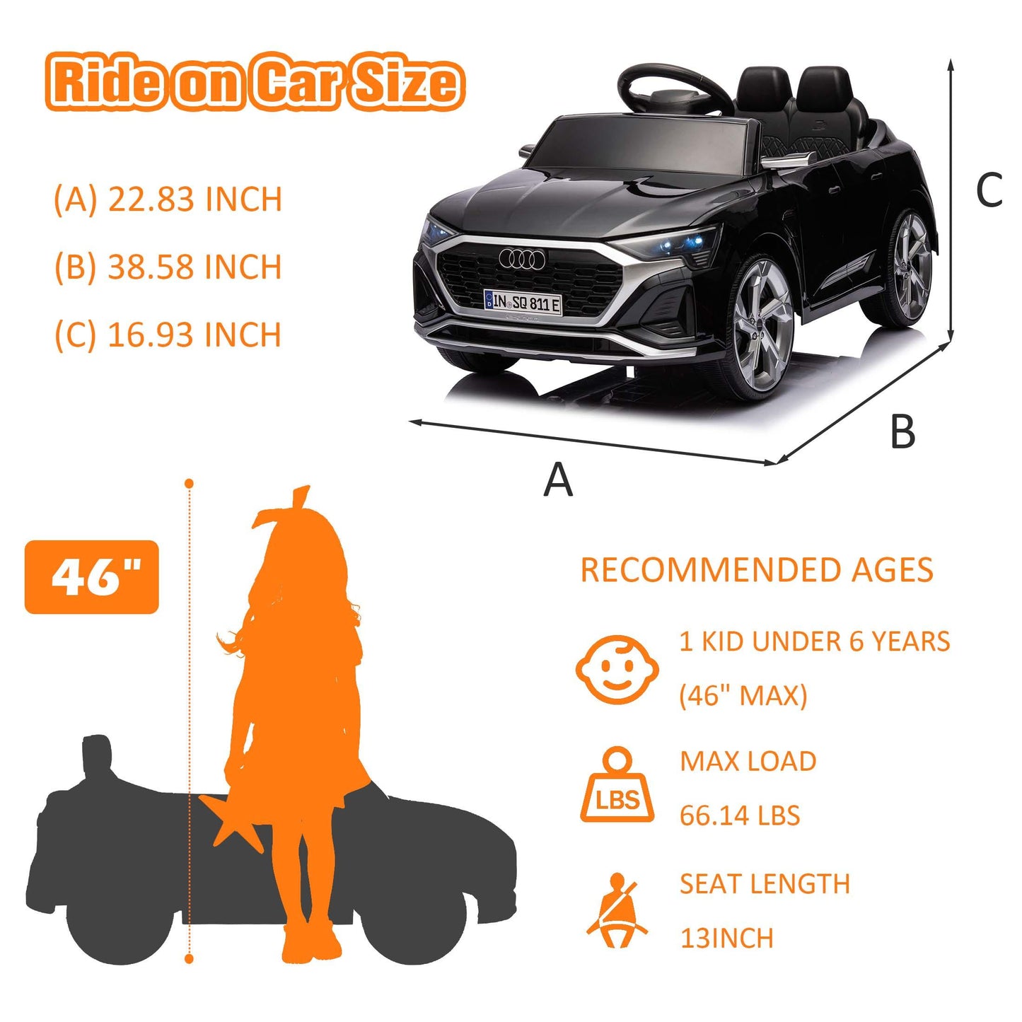12V Powered Ride on Cars, Licensed Audi SQ8 Toddlers Ride on Toys with Remote Control, Music, LED Light, 3 Speed, 4 Wheel Suspension, Electric Cars for Kids 3-6 Ages Kids Christmas Gift, Black