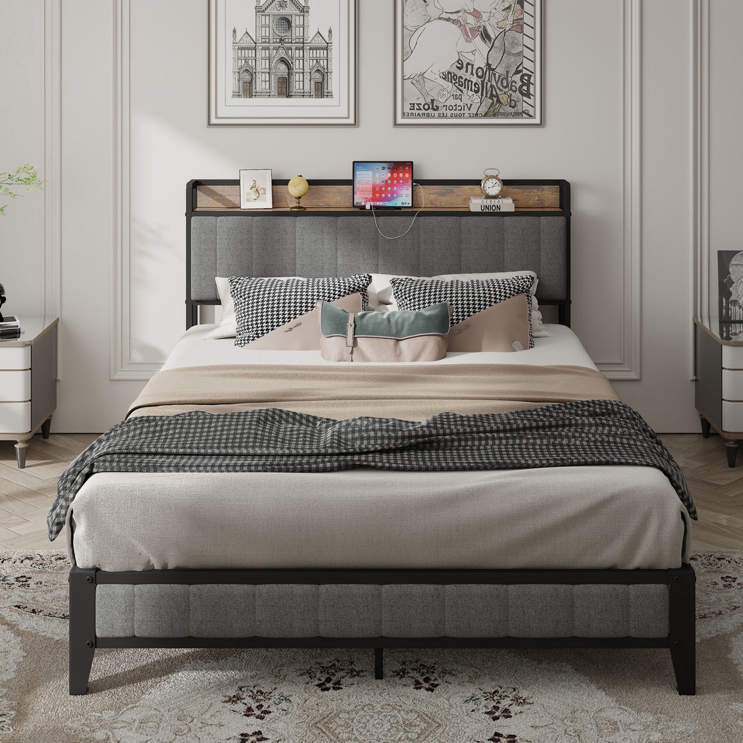 BTMWAY Full Size Bed Frame, Metal Platform Bed with Upholstered Headboard and Footboard, Heavy Duty Full Bed with Open Shelf, No Box Spring Needed, Gray