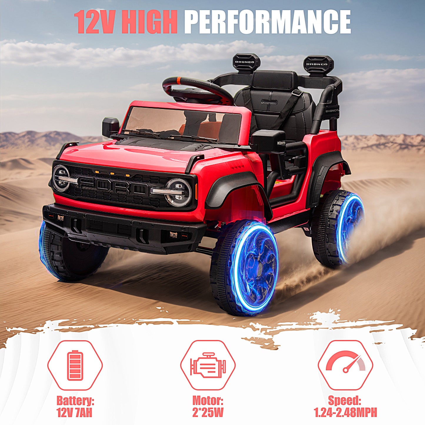 12V Powered Ride on Car, Ford Bronco Raptor Ride on Toys with Remote Control, Battery Powered Ride on Trucks with Bluetooth Music, LED Light, Kids Car Electric Vehicle for Boys Girls Gifts, Red