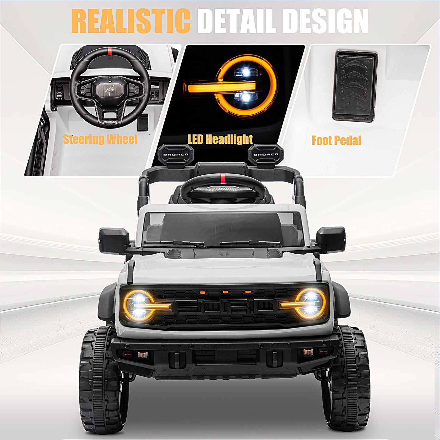 12V Powered Ride on Car, Ford Bronco Raptor Ride on Toys with Remote Control, Battery Powered Ride on Trucks with Bluetooth Music, LED Light, Kids Car Electric Vehicle for Boys Girls Gifts, White